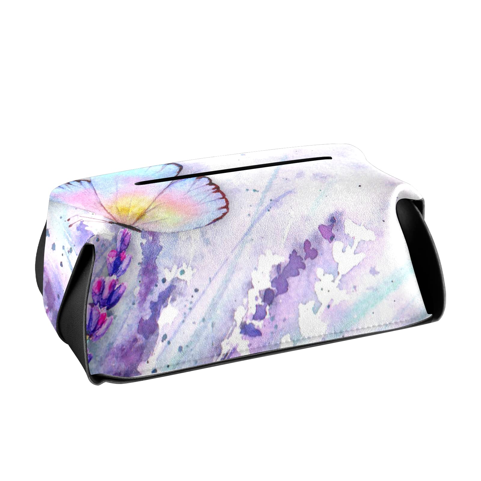 Lavender Butterfly PU Leather Tissue Box Cover with Handle - Square Decorative Tissue Holder for Office, Bathroom, Living Room & Bedroom - Home & Office Decor Accessory