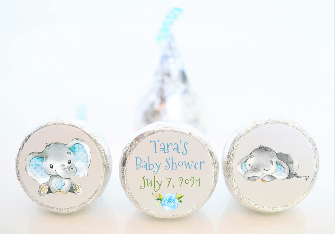 Personalized Blue Baby Elephant Hershey Kiss Stickers - 108pcs Baby Shower Party Favors, Baby Shower Decorations, Gift Tags (ELE002) - Perfect for Baby Showers, Gender Reveals & Nursery Decor