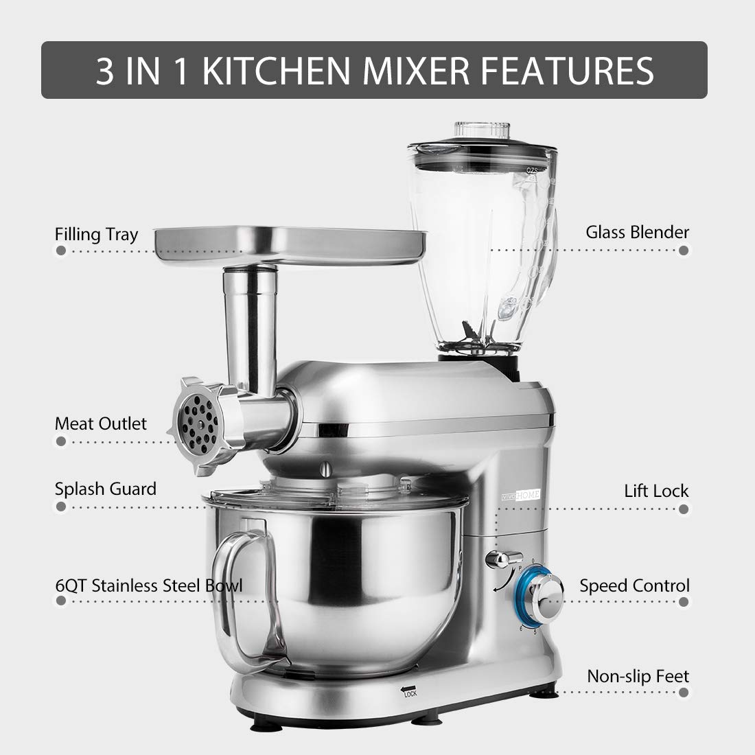 VIVOHOME 3-in-1 Multifunctional Stand Mixer with 6-Quart Stainless Steel Bowl, 650W 6-Speed Tilt-Head Meat Grinder & Juice Blender, Silver - Perfect for Baking, Grinding Meat & Making Smoothies at Home