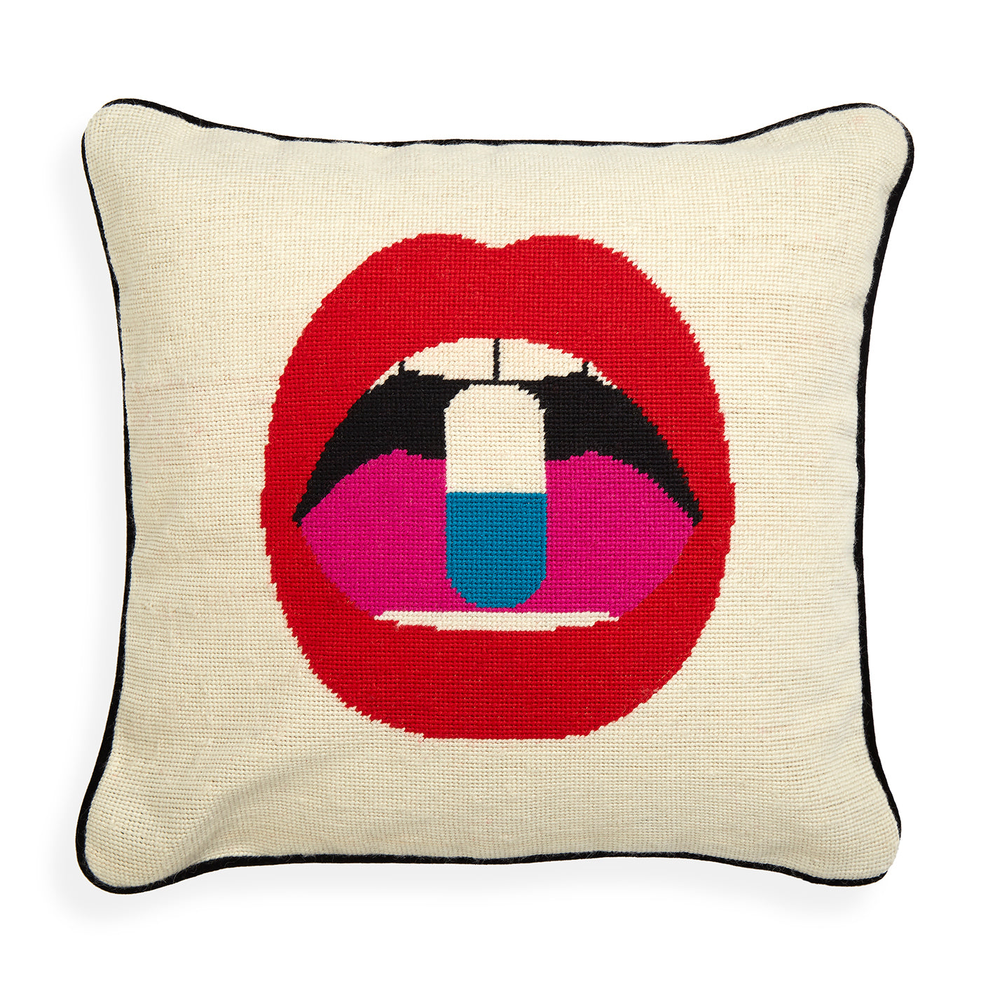 Lips Full Dose Needlepoint Pillow - Bohemian Home Decor for Living Room, Bedroom & Office - Unique Embroidery Throw Pillow for Couch, Sofa and Chair