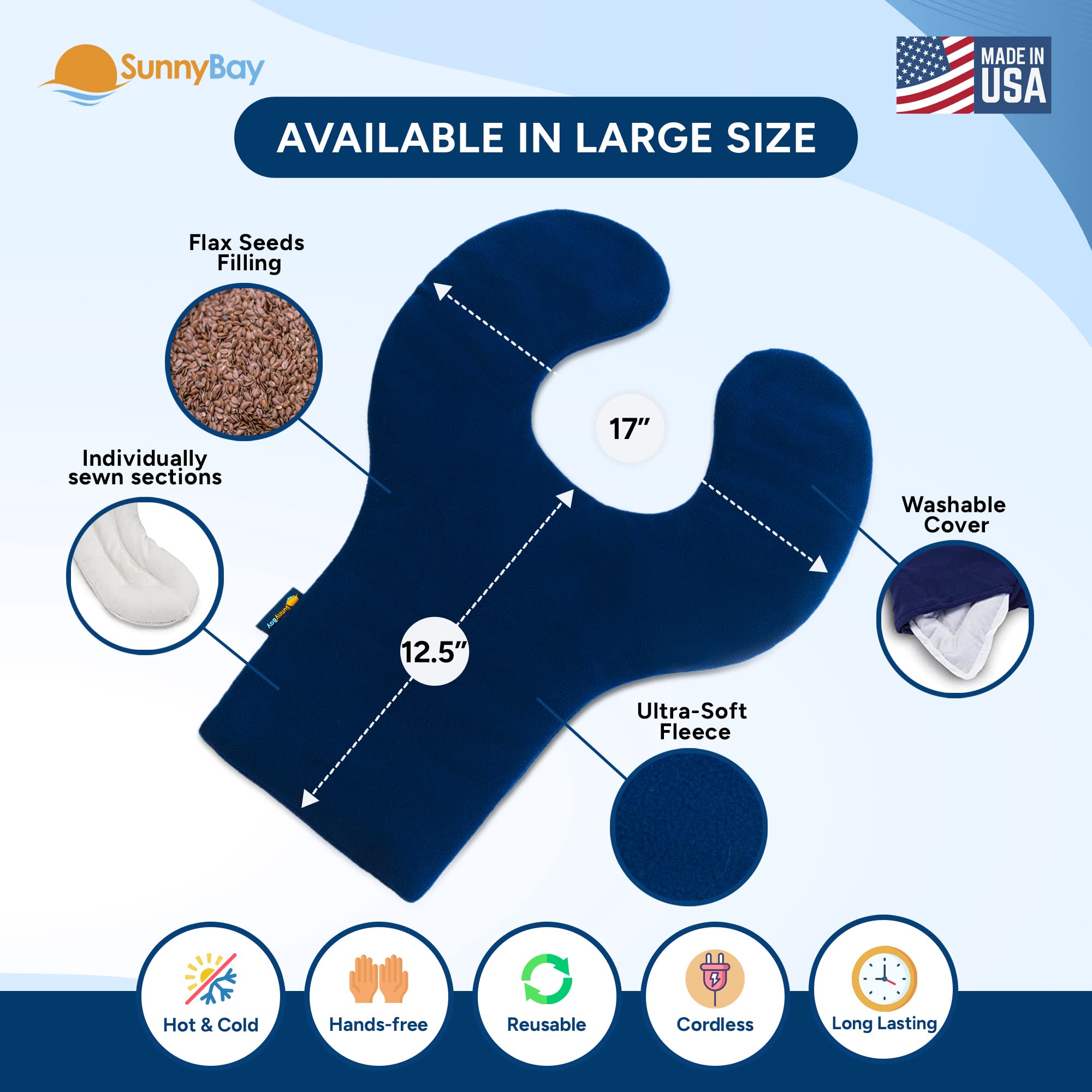 SunnyBay Weighted Microwaveable Heating Pad for Shoulder & Upper Back Pain Relief - Large Navy Blue Flax Seed Wrap with Washable Cover | Perfect for Neck Pain, Muscle Relaxation & Stress Relief at Home or Office