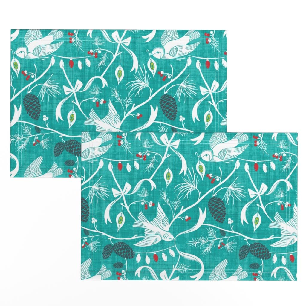 Premium Linen Cotton Canvas Placemats Set of 2 - Christmas Forest Chinoiserie Aqua Holiday Birds Nature Woodland Print Table Mats for Dining Decor, Holiday Parties & Seasonal Home Decor