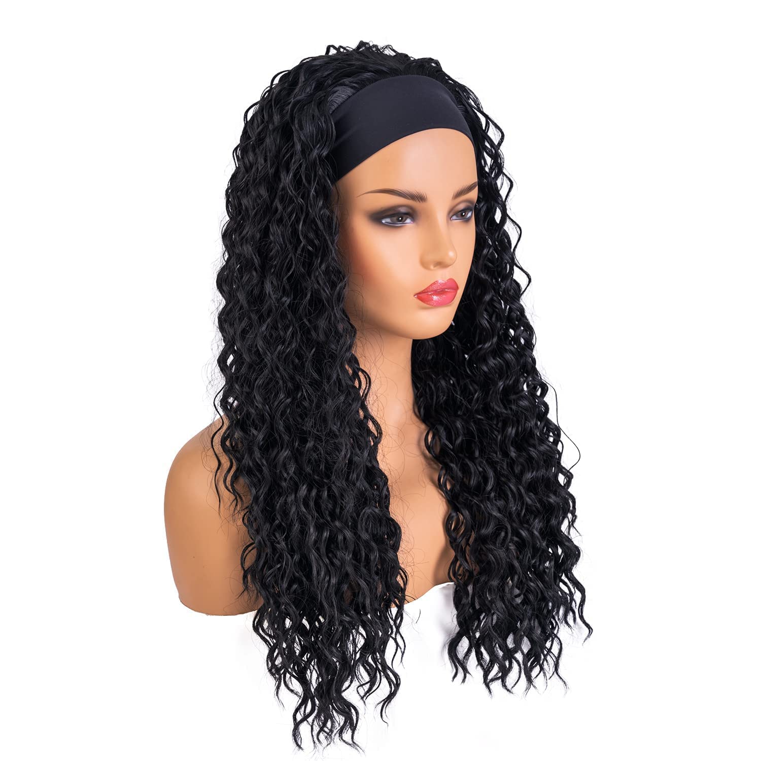 BESTUNG Glueless Synthetic Headband Wig for Black Women - 24 Inch Curly High Density Heat Resistant Wig with Natural Look (Includes Headband) | Perfect for Daily Wear, Cosplay & Protective Styling