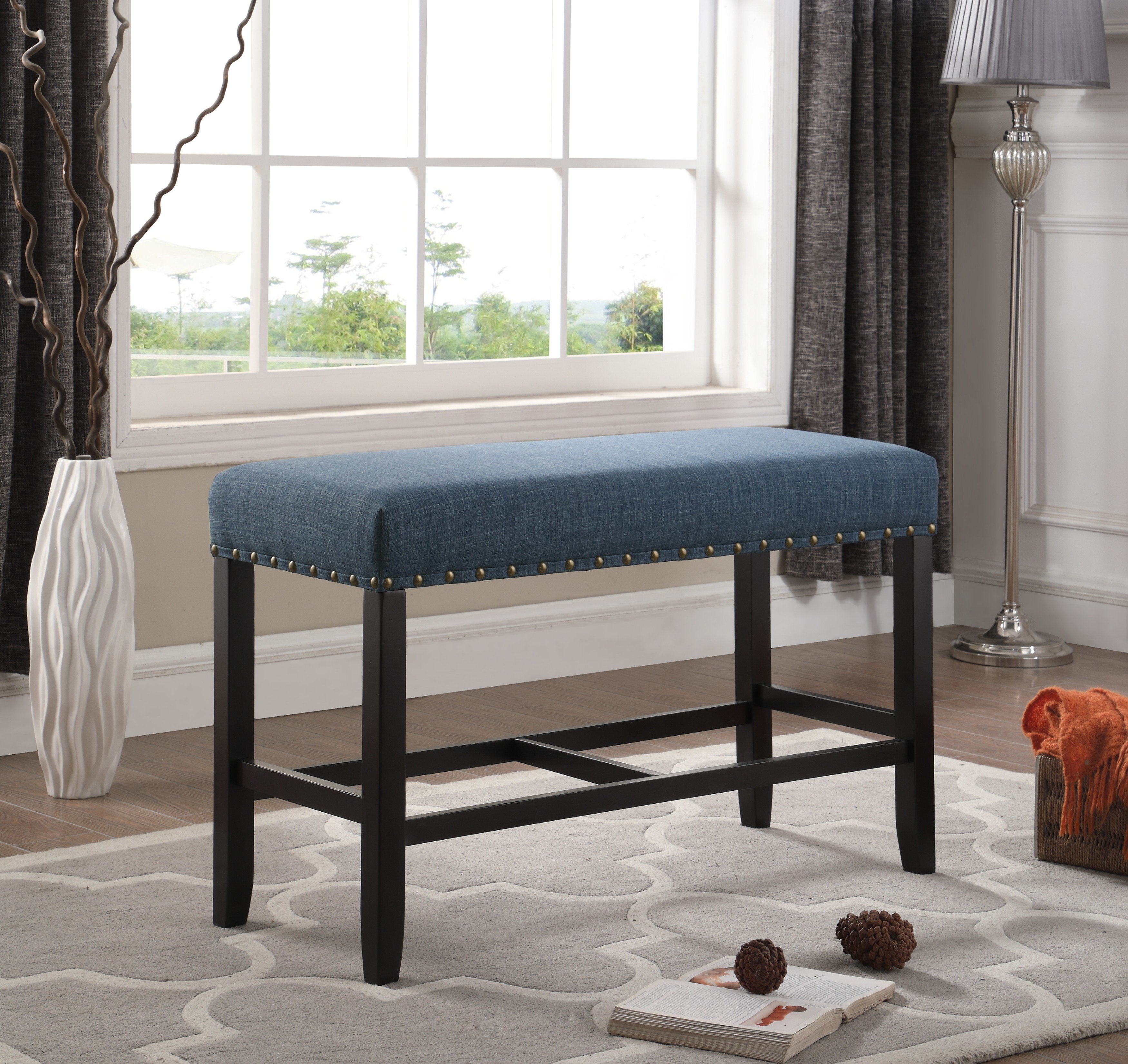 Roundhill Furniture Biony Fabric Counter Height Dining Bench with Nailhead Trim - Blue Upholstered Bar Stool for Kitchen Island, Breakfast Nook & Small Space Dining