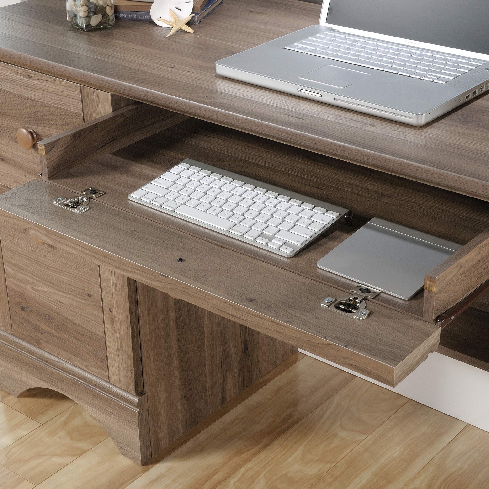 Sauder Harbor View Computer Desk - Salt Oak Finish - Home Office Desk for Work & Study - Compact Writing Desk with Storage Shelf