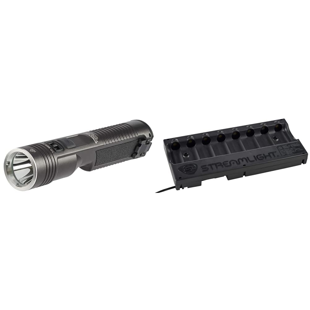 Streamlight 78101 Stinger 2020 Rechargeable Flashlight with 120V AC/12V DC Charger & 20221 SL-B26 Li-Ion USB 8-Unit Bank Charger - High Lumens LED Tactical Flashlight for Police, Security, Camping & Emergency Use