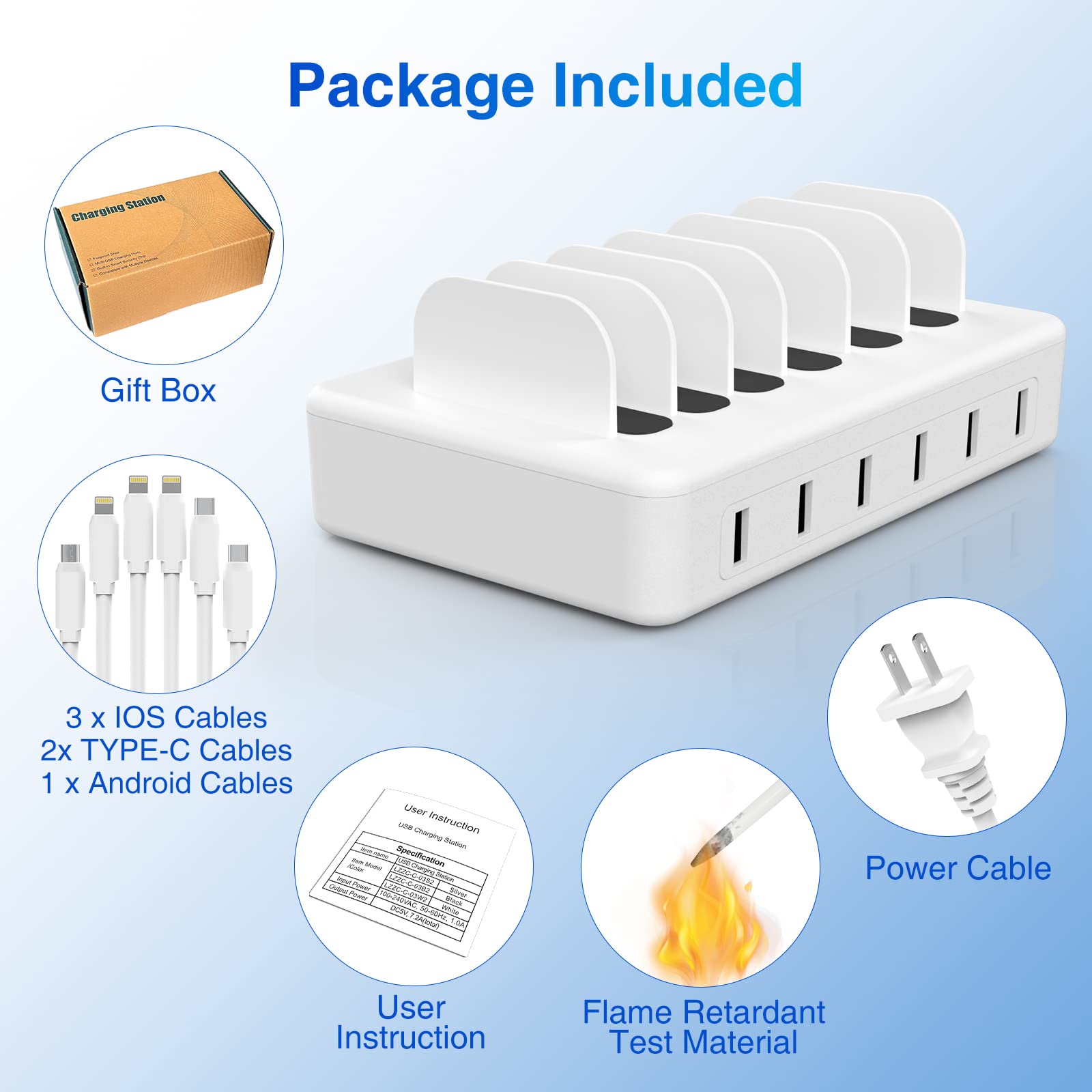ZXSWONLY 6-Port USB Charging Station with 6 Cables - Fast Multi Device Charger Dock for iPhone, Android, Tablet, Kindle, iPad, Smartphones - Perfect for Home, Office, Travel & Nightstand Charging (White)