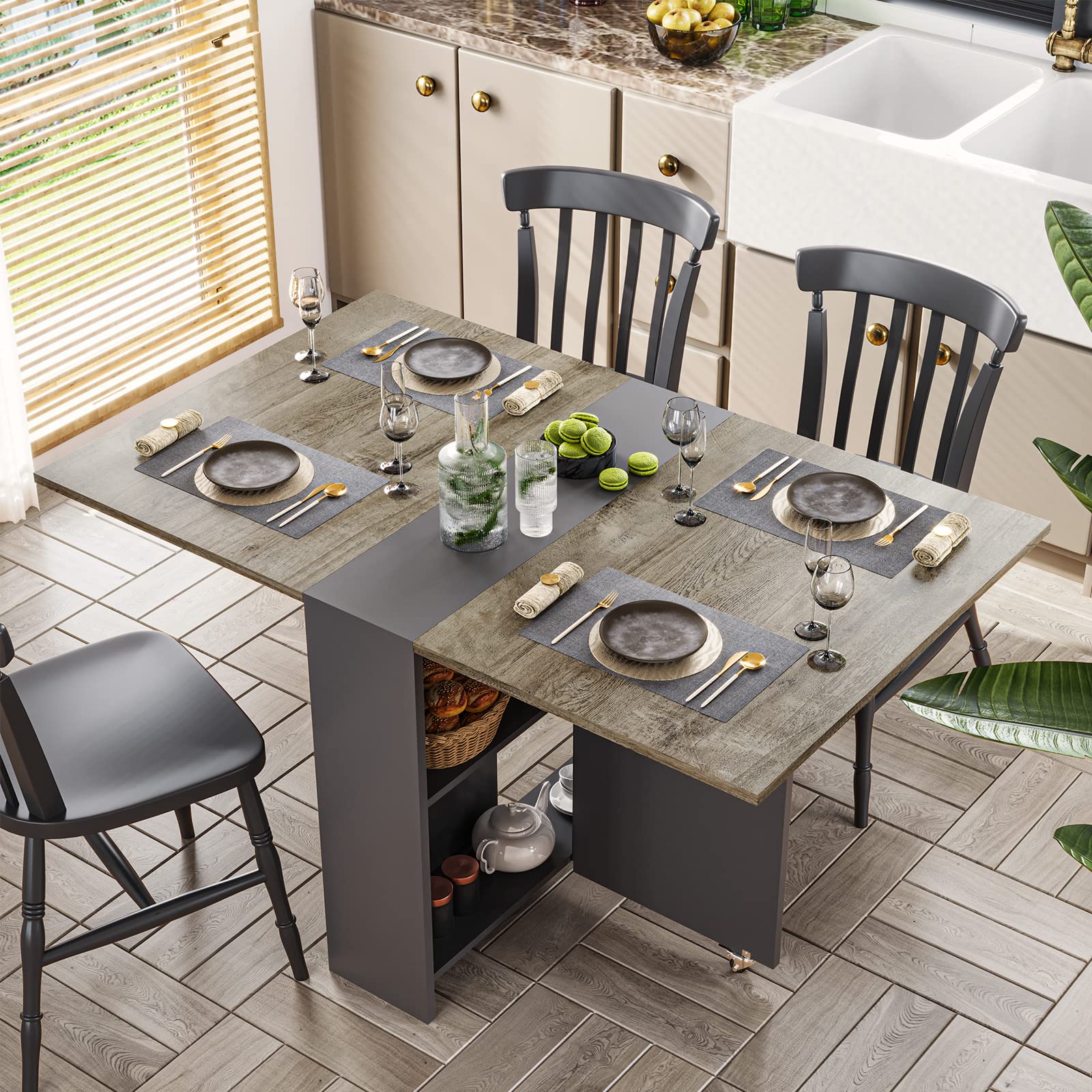Tiptiper Folding Dining Table with 2 Storage Racks & 6 Wheels - Expandable Drop Leaf Table for Small Spaces - Perfect for Kitchen, Bedroom, Living Room, Dorm & RV Use