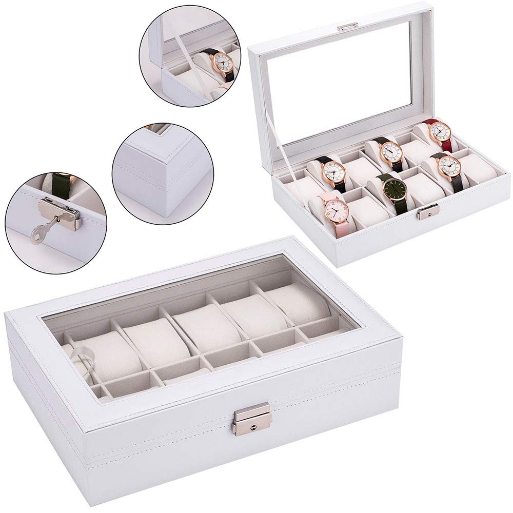 12-Digit Leather Watch Box with Glass Display - for Storage & Showcase