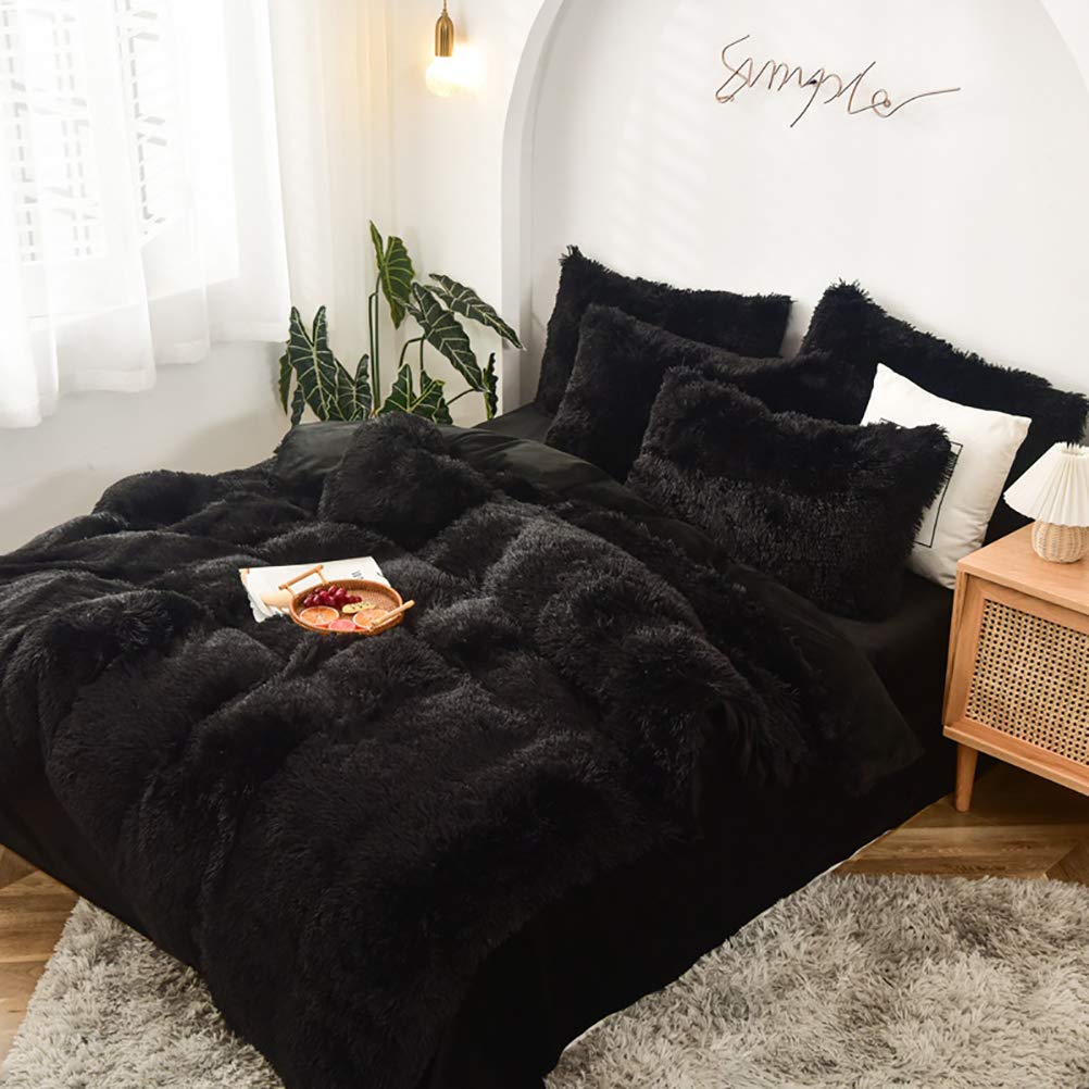 Luxury Plush Velvet Duvet Cover Set - 4 Piece Ultra Soft Mink Cashmere Bedding with Pillowcases & Flat Sheet - Winter Warm Shaggy Comforter Cover - Twin Size Black - Perfect for Cozy Bedrooms & Guest Rooms