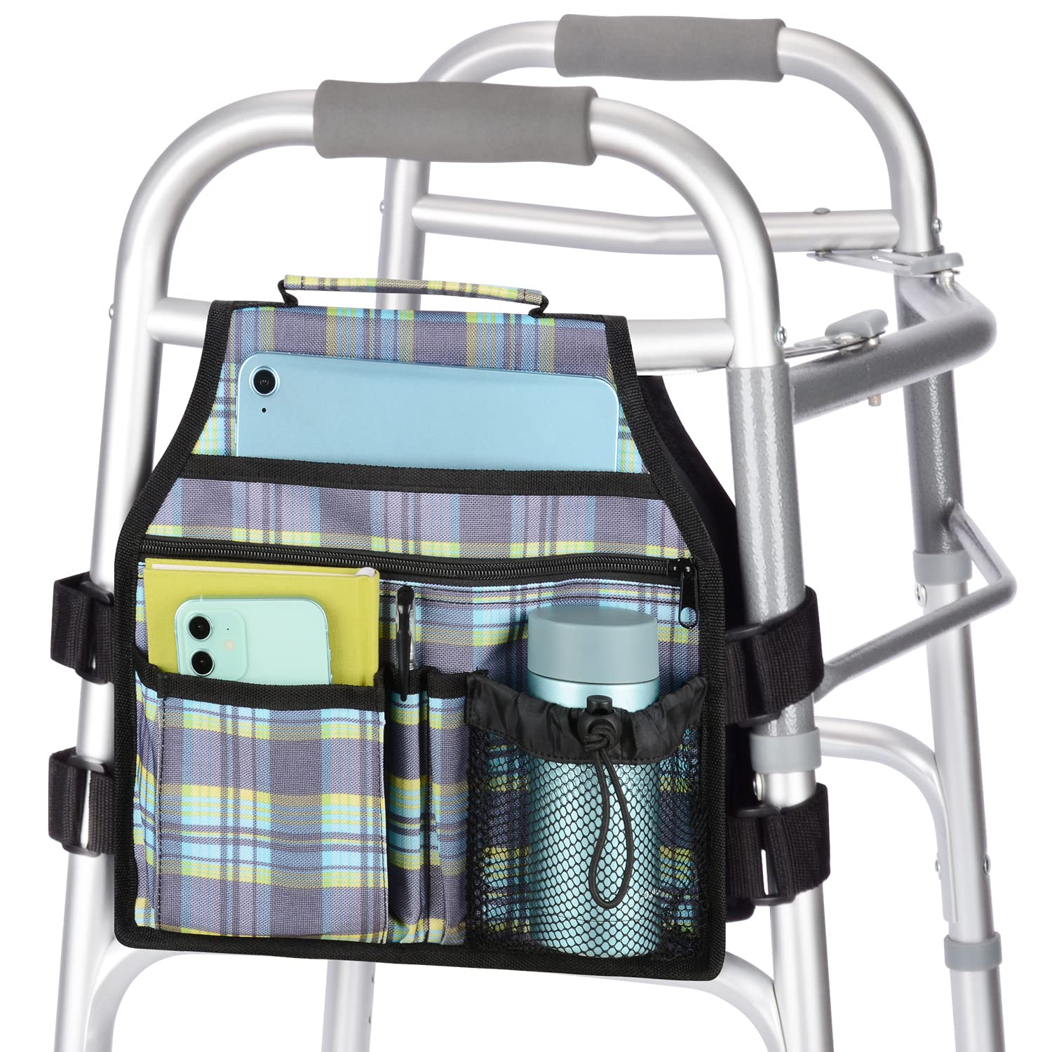 YF Side Walker Bag - Double-Sided Folding Walker Storage Organizer with 8 Pockets, Waterproof & Easy Access Elderly Walker Accessories with Handle & Mesh Cup Holder (Plaid Green) - Perfect for Seniors, Mobility Aid Users & Caregivers at Home or Outdoors