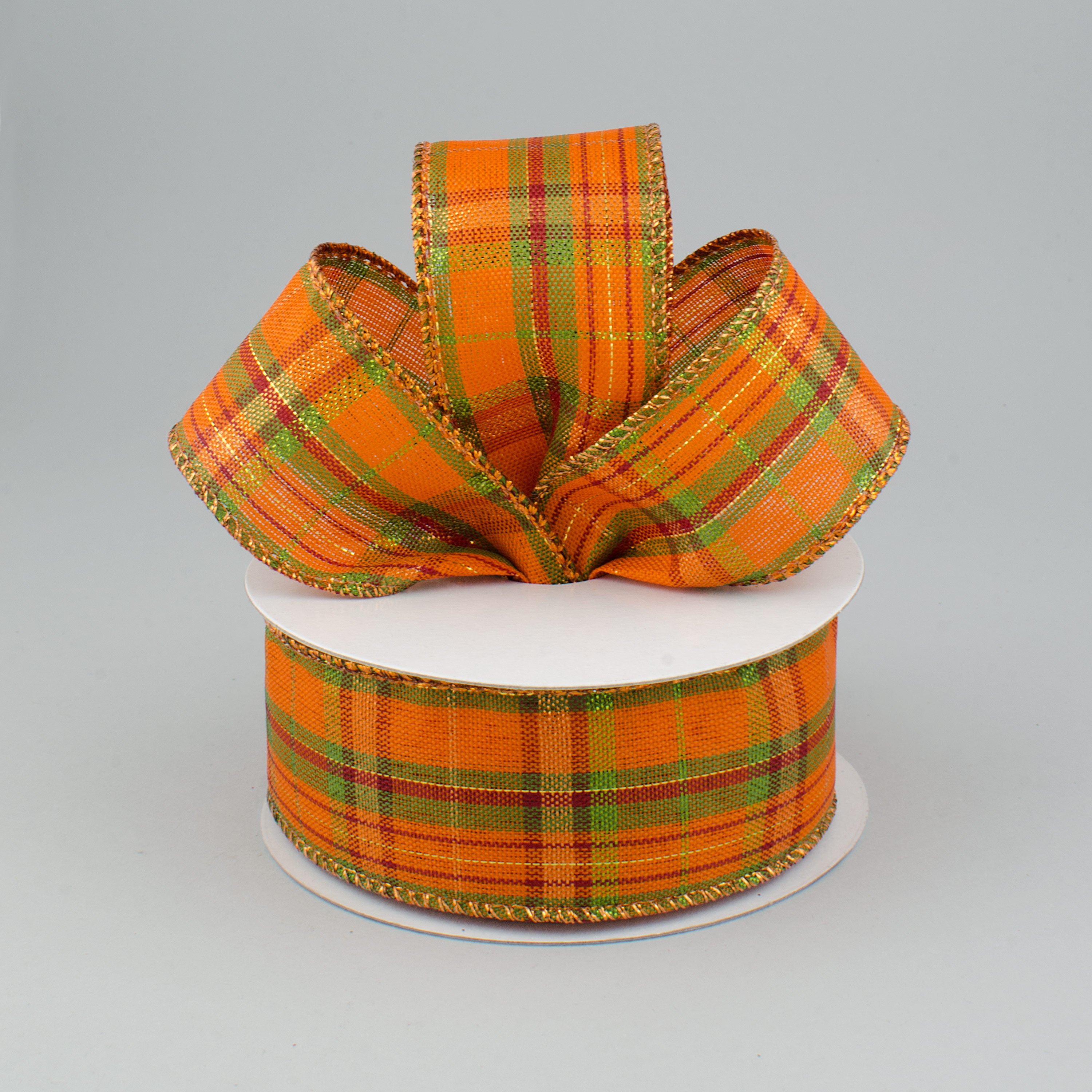 1.5 Inch Orange Metallic Plaid Ribbon - Moss Green, Burgundy, Lime Green (10 Yards) for Gift Wrapping, Crafts, DIY Decorations, Scrapbooking and Party Decor