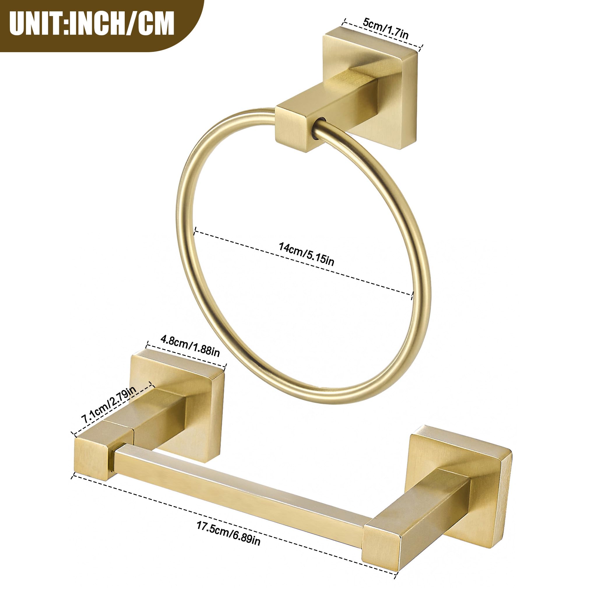 Modern Brushed Gold Toilet Paper Holder & Towel Ring Set - Wall Mounted Bathroom Tissue & Towel Holder with Double Post - Square Design 2-Piece Set - Perfect for Bathroom, Powder Room & Guest Toilet Decor