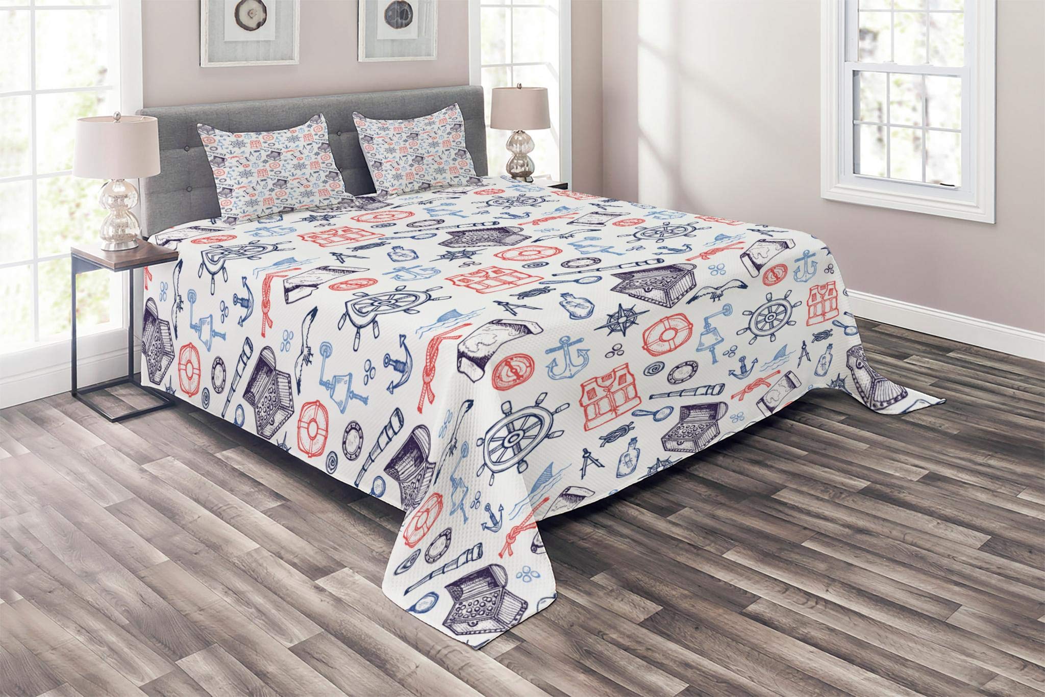 **Lunarable Nautical Quilt Set - King Size 3-Piece Bedspread with 2 Pillow Shams, Treasure Chest & Pirate Map Design in Indigo Coral Blue - Perfect for Beach House, Coastal Decor & Themed Bedrooms**