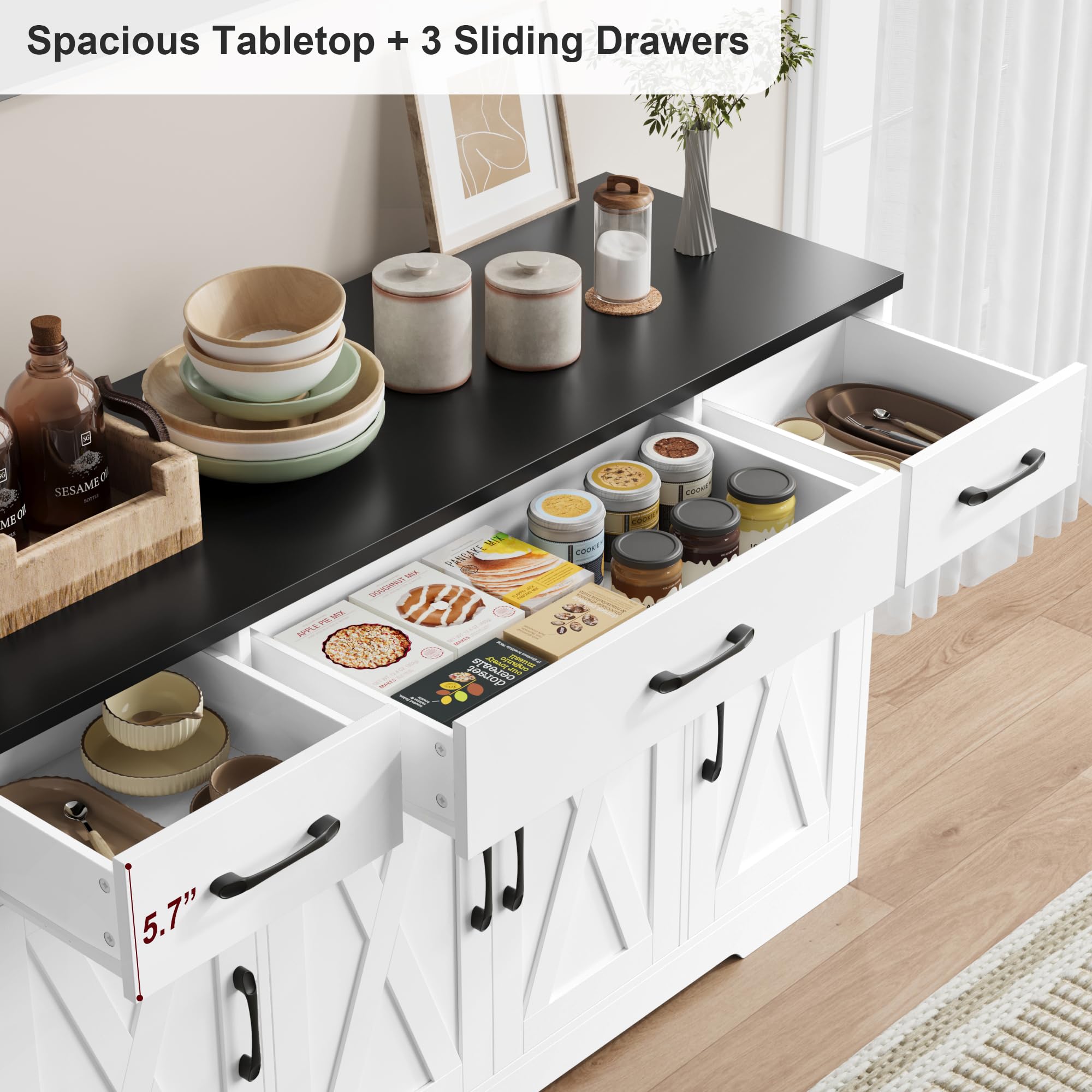 Modern Farmhouse Buffet Cabinet with Drawers & Shelves - 55