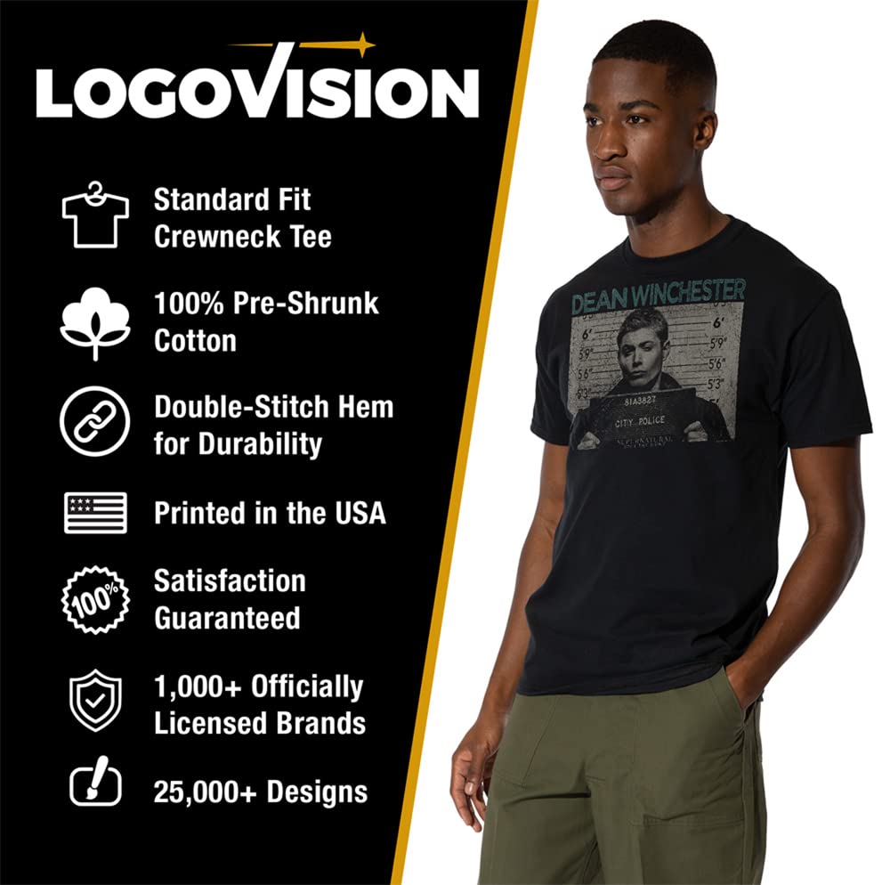 Supernatural Dean Winchester Mug Shot T-Shirt for Men - Officially Licensed Short Sleeve Tee - Perfect for TV Show Fans, Comic-Con & Casual Wear