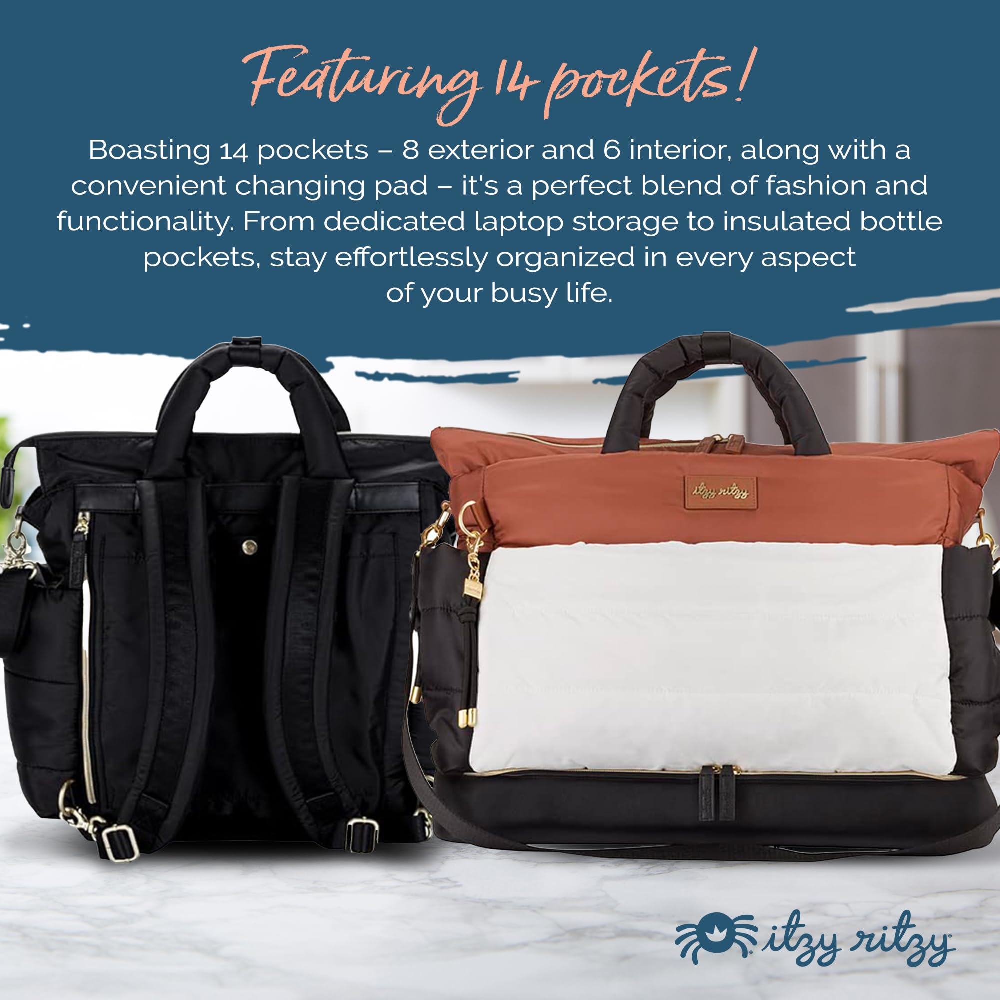 Itzy Ritzy Dream Convertible Diaper Bag - Baby Tote Backpack with 14 Pockets & Changing Pad, Coffee & Cream | Perfect for Moms, Travel & On-the-Go Parenting Essentials