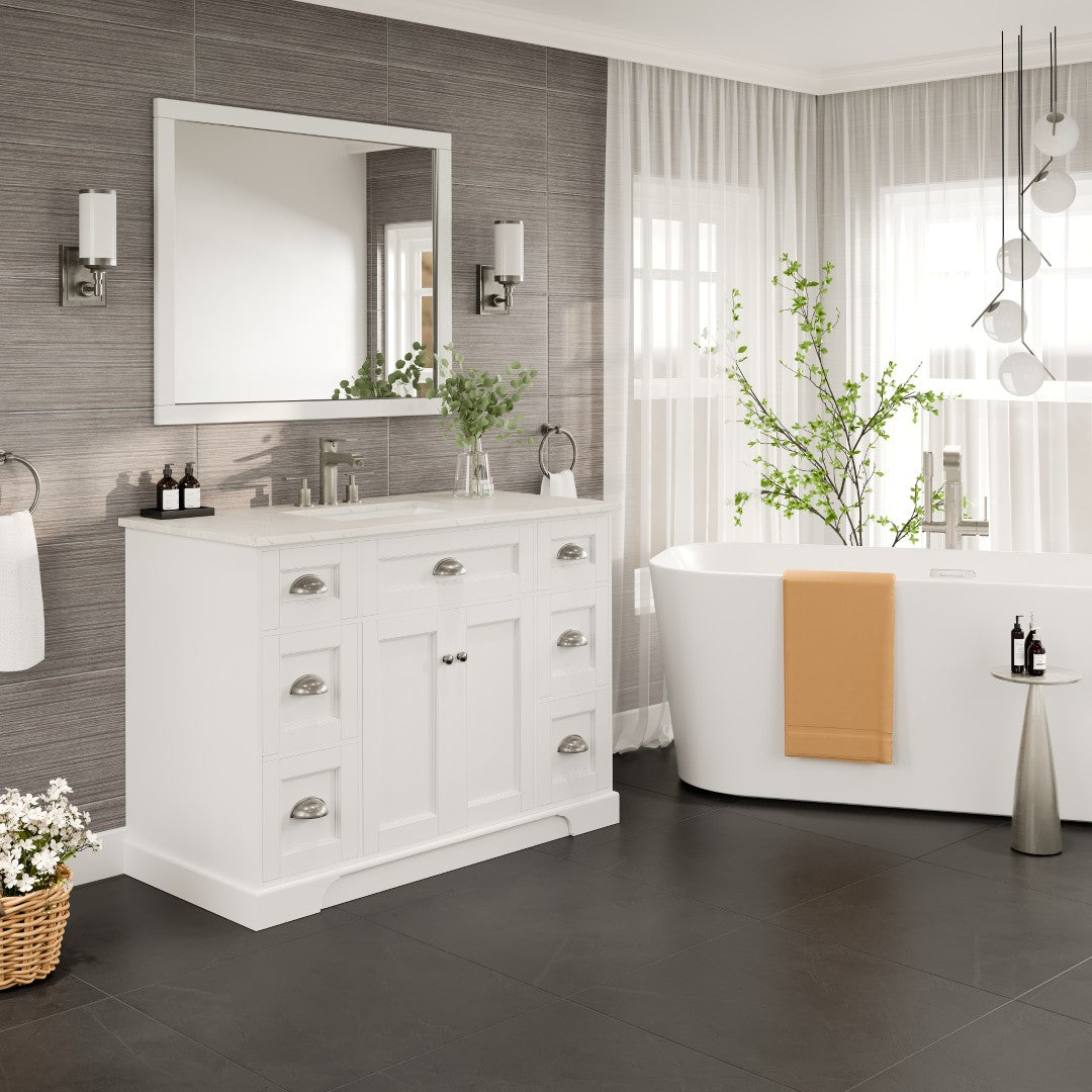 48 Inch White Bathroom Vanity with Carrara Marble Quartz Countertop & Undermount Porcelain Sink - Modern Single Sink Vanity for Master Bath, Guest Bath or Powder Room