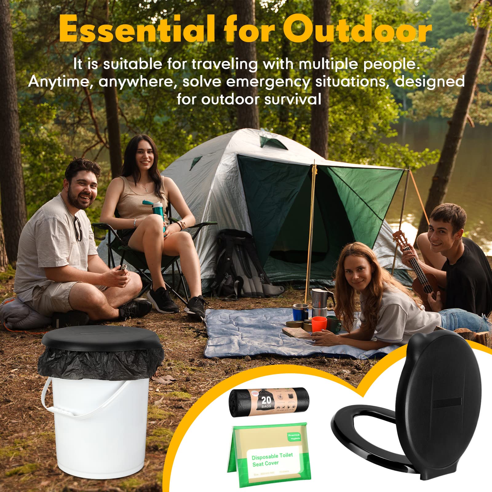 Glenmal 5 Gallon Bucket Toilet Seat with Lid - Portable Camping Toilet Kit Includes Disposable Liners & Paper Covers - Emergency Sanitation Solution for Camping, Hiking, Road Trips & Outdoor Adventures