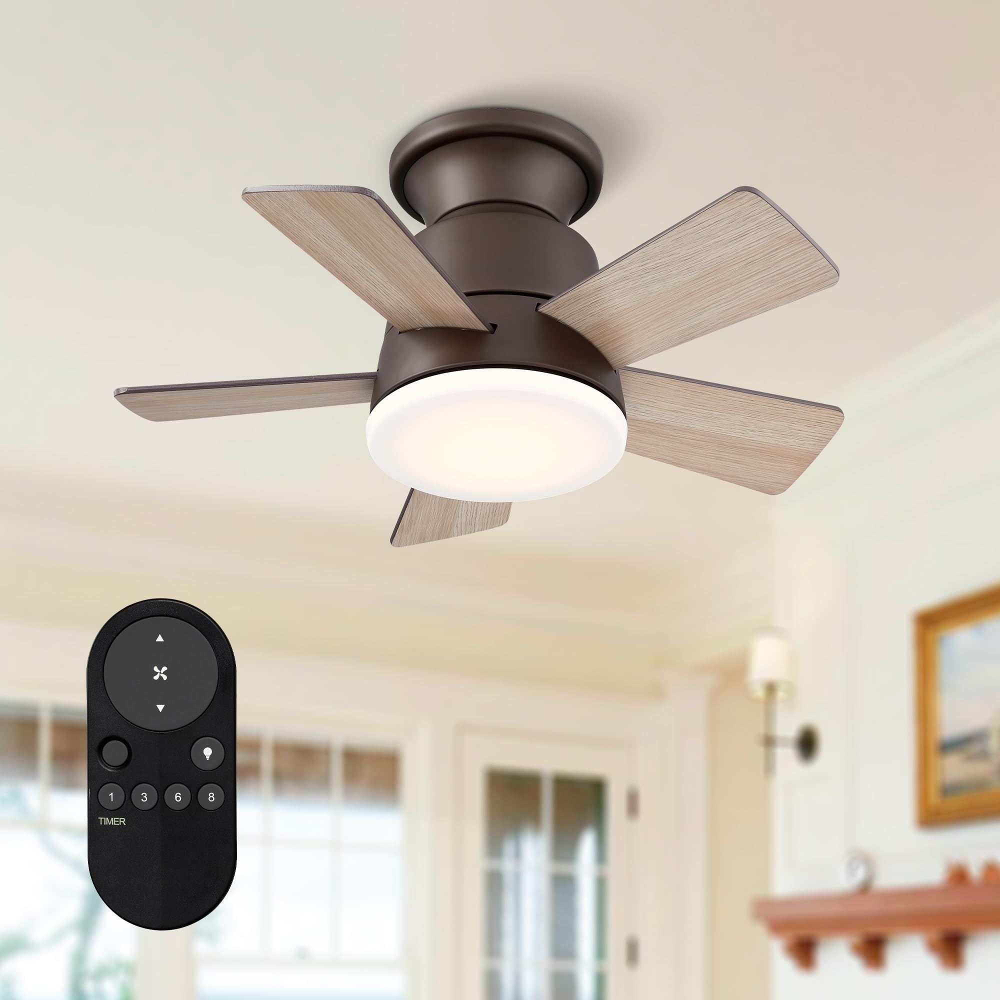 Parrot Uncle 24 Inch Bronze Ceiling Fan with Lights & Remote - Flush Mount Bedroom Fan, Dimmable LED Light & Reversible Motor | Perfect for Bedrooms, Living Rooms & Home Offices