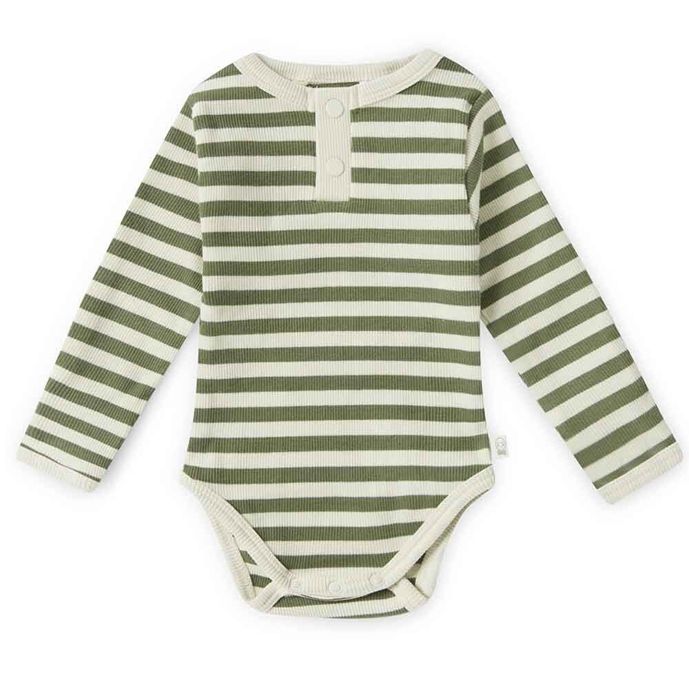 Organic Ribbed Long Sleeve Bodysuit for Women - Snuggle Hunny Olive Striped Baby Onesie | Soft & Comfortable Outfit for Newborns, Infants & Toddlers | Perfect for Playdates, Family Photos & Everyday Wear