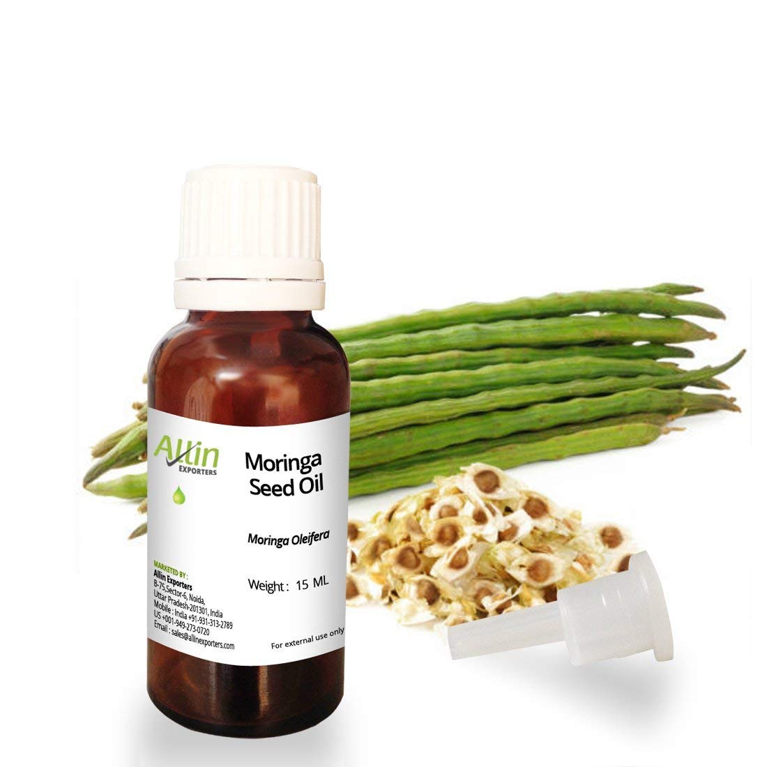 Allin Exporters Pure Organic Moringa Seed Oil 15ml - Cold Pressed, Natural Skin & Hair Care Solution for Face Moisturizer, Anti-Aging & Hair Growth