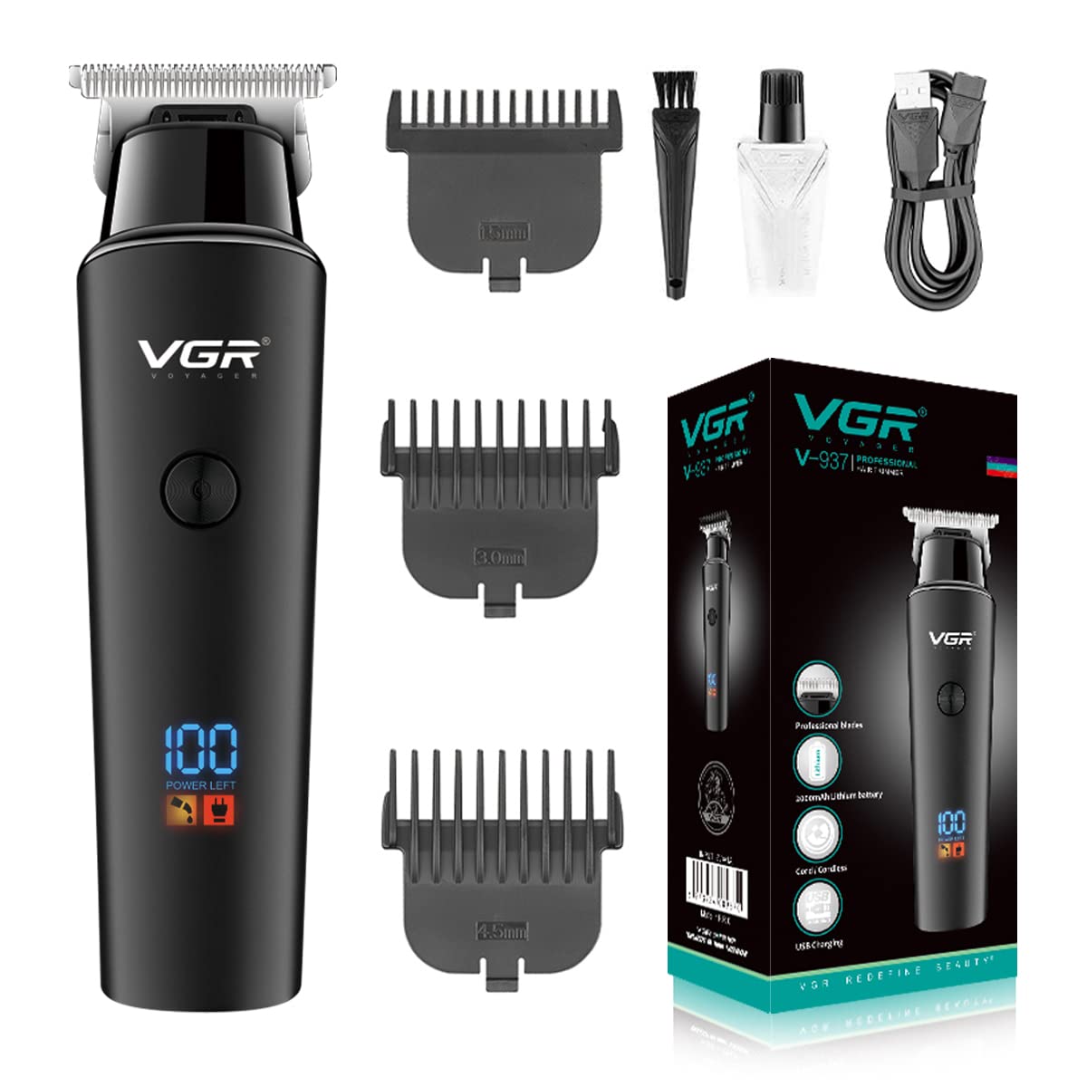 VGR V-937 Professional Cordless Rechargeable Hair Clipper for Men - USB Charging, LED Display, Stainless Steel Blades, 3 Guide Combs, 500 Min Runtime, 2000mAh Li-ion Battery (Black) - Perfect for Home Haircuts, Beard Trimming & Personal Grooming
