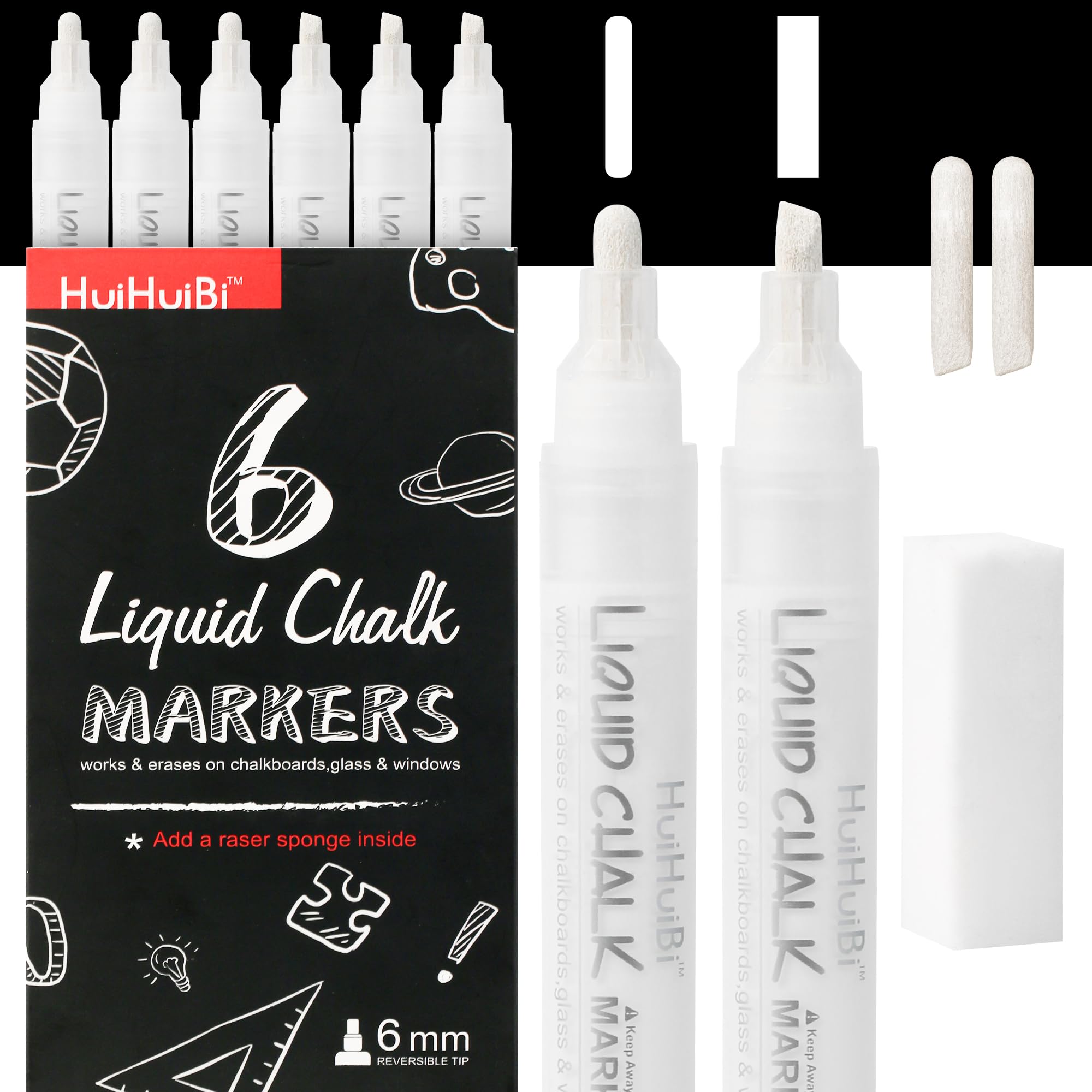 White Chalk Markers 6 Pack - Liquid Chalk Pens for Blackboard, Windows, Glass & Signs - Dry Erase Markers for Restaurants, Cafes & Bistros - Perfect for Menu Boards, Wedding Signs & DIY Projects