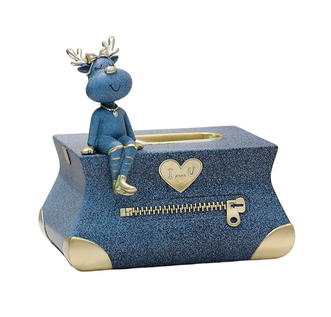 Cute Deer Resin Tissue Box Cover - Creative Decorative Napkin Holder for Bathroom, Bedroom & Dining Table | Blue Tissue Box Organizer | Perfect for Home Decor and Gift Giving