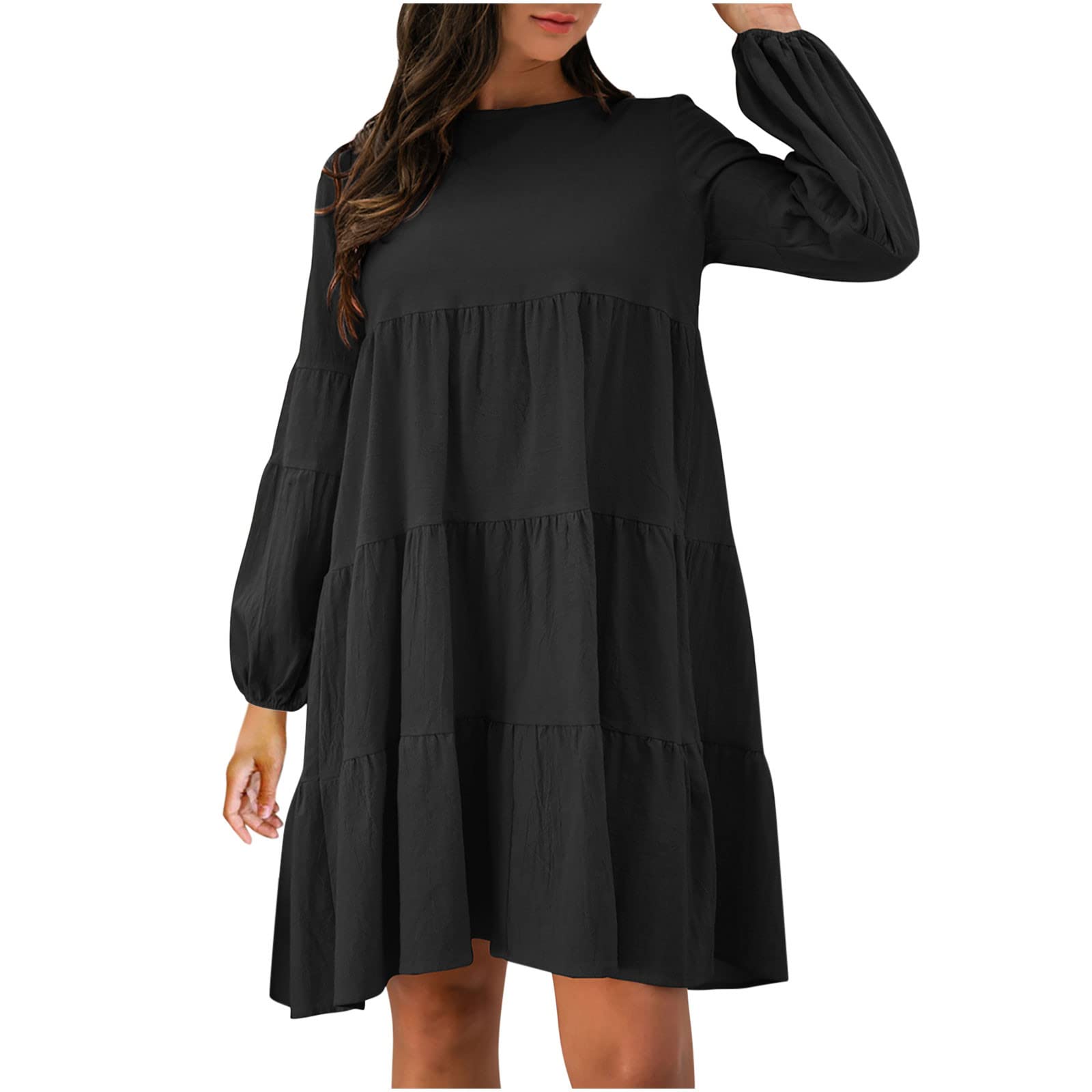 **IXnzadn Women's Tiered Ruffle Babydoll Mini Dress - Long Sleeve Crewneck Loose Flowy Swing Dress for Beach, Party, and Casual Wear**