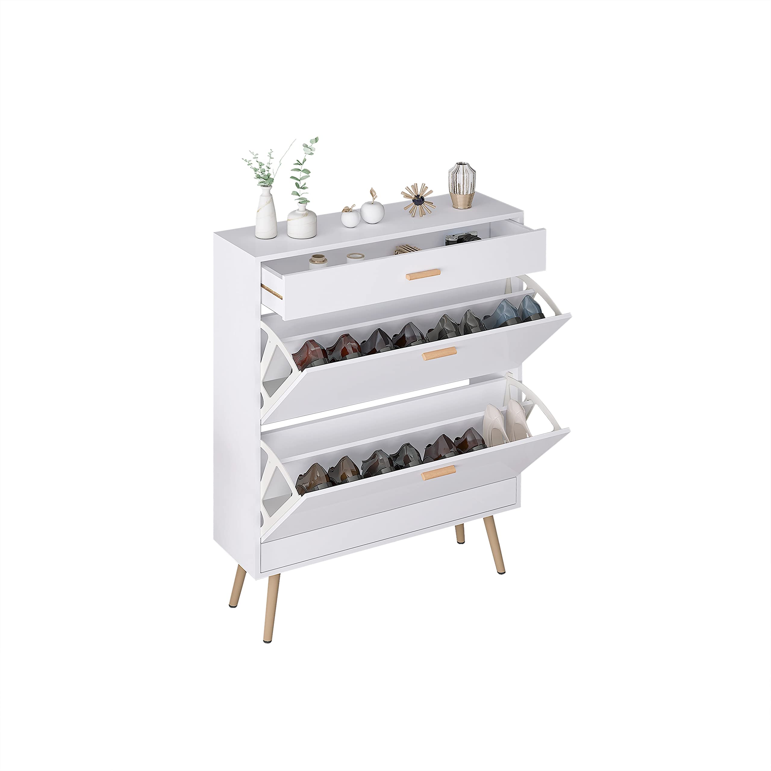 LGESR 16-Pair Shoe Cabinet with 2 Flip Drawers - White Entryway Shoe Storage Organizer for Heels, Boots & Slippers - Space Saving Shoe Rack for Hallway, Closet & Bedroom Organization