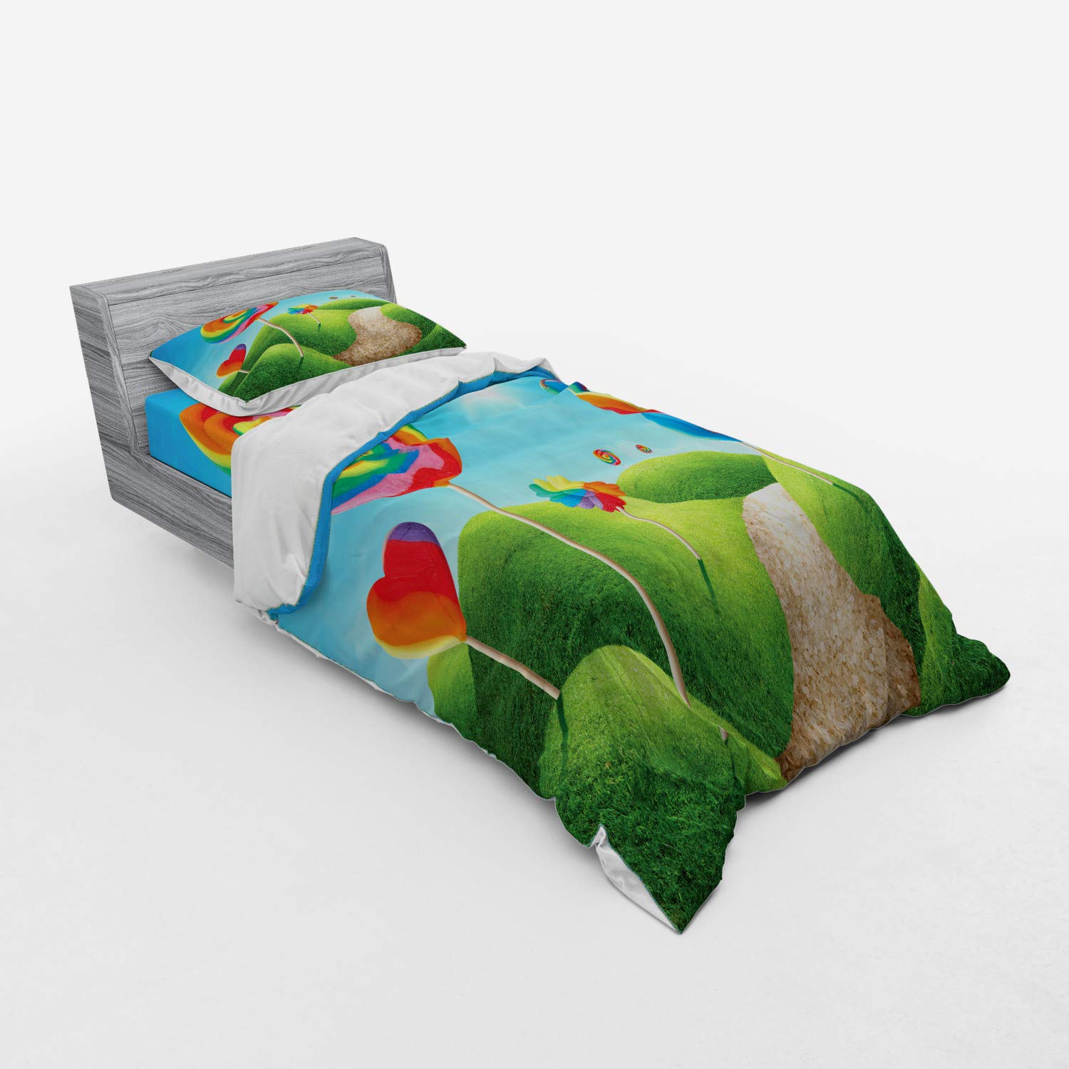 Ambesonne Fantasy Candy Land Bedding Set - 3 Piece Duvet Cover with Sham & Fitted Sheet, Twin XL Size, Vibrant Green Blue Red Print | Sweet Lollipop & Candy Design for Kids Room, Teen Bedroom or Whimsical Home Decor