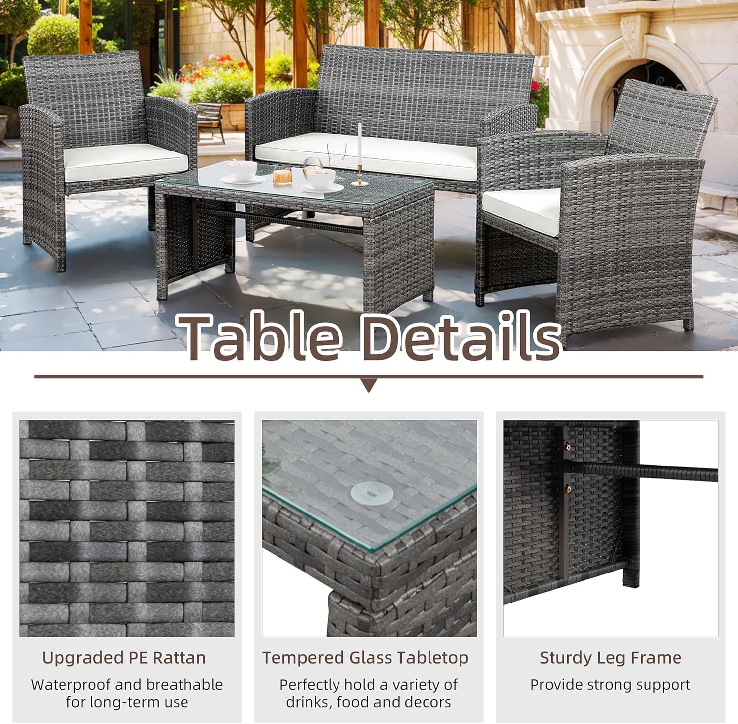 Shintenchi 4-Piece Gray Wicker Outdoor Patio Furniture Set with Weather-Resistant Cushions & Tempered Glass Tabletop - Rattan Conversation Set for Garden, Poolside or Backyard Relaxation