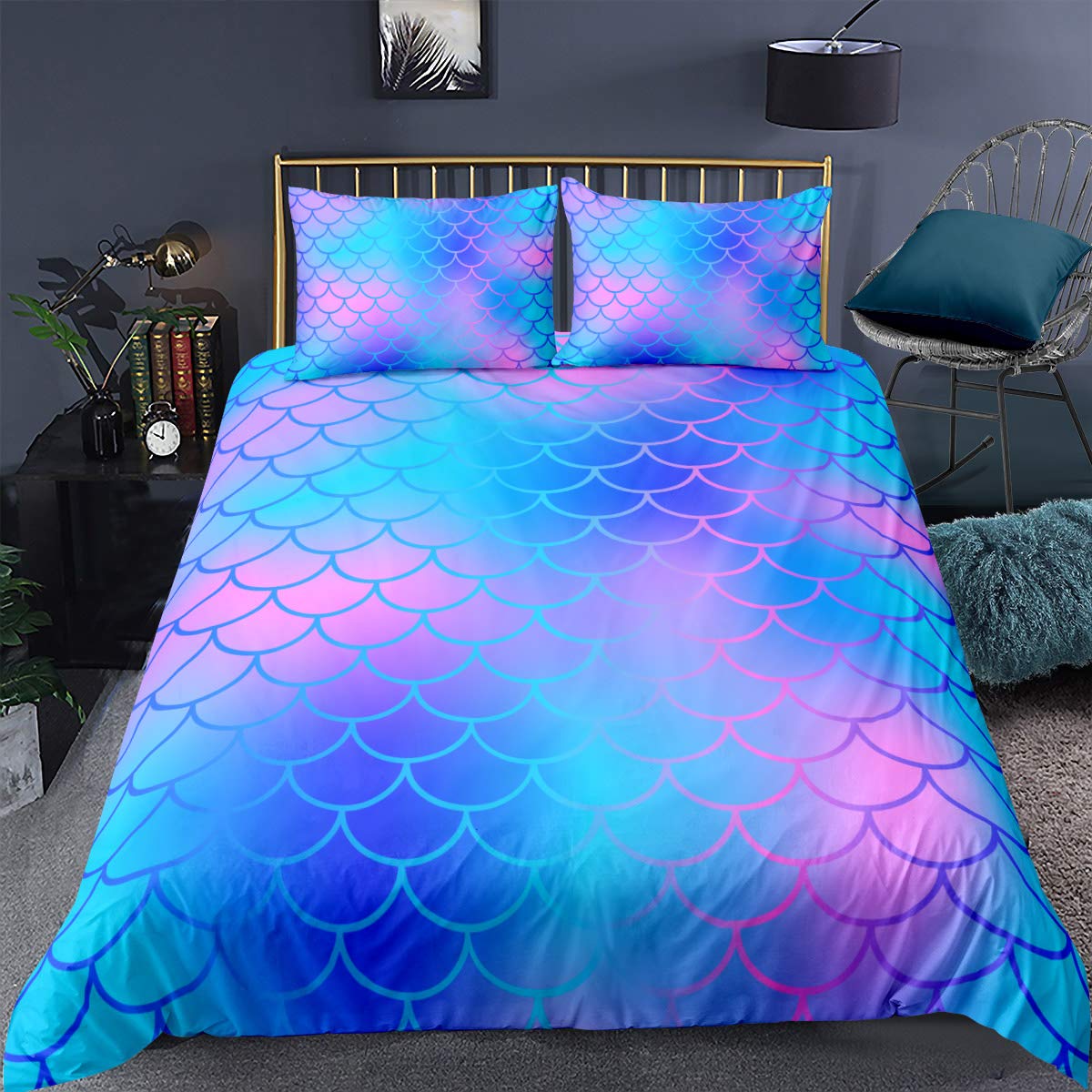 Feelyou Mermaid Scales Duvet Cover Set - Twin Size Blue Purple Fish Scale Print Bedding for Kids & Girls | Soft Microfiber Comforter Cover with Pillow Sham | Zipper Closure | Perfect for Kids' Bedrooms, Beach Themed Rooms & Fantasy Decor