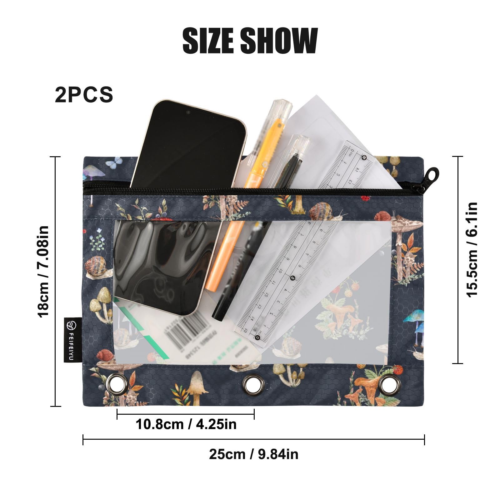 3 Ring Binder Pencil Pouch 2 Pack - Mushroom Snail Design Zippered Pencil Case, Clear PVC Binder Pockets for School, Office & Daily Organization Supplies | Perfect for Backpacks, Notebooks & Stationery Storage