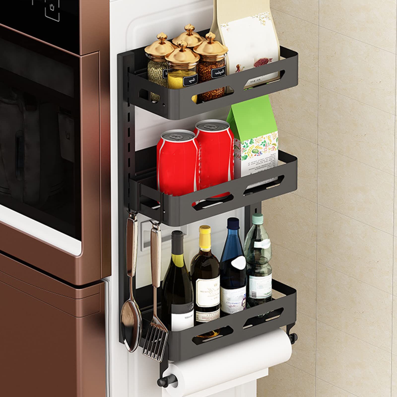 Magnetic Kitchen Spice Rack Organizer - Multilayer Refrigerator Storage Shelf, Paper Towel Holder, Multi-Use Kitchen Shelves for Efficient Spice & Condiment Organization in Small Spaces