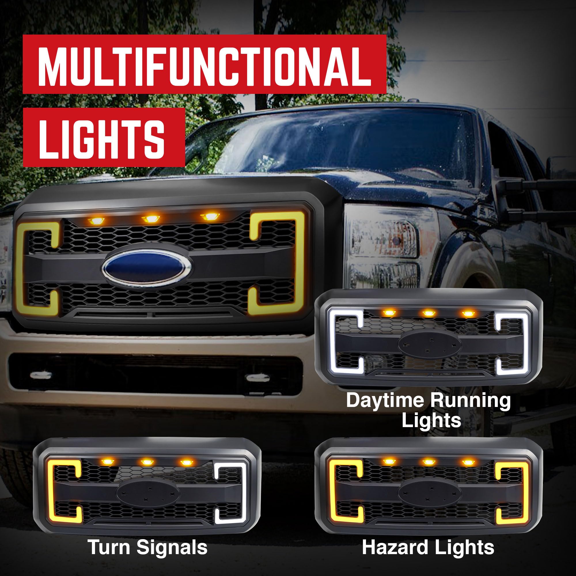 **2011-2016 Ford F250 F350 F450 F550 Matte Black Raptor Front Grille with DRL & Turn Signal Lights | Heavy-Duty Truck Upgrade | Off-Road & Street Style Enhancement**