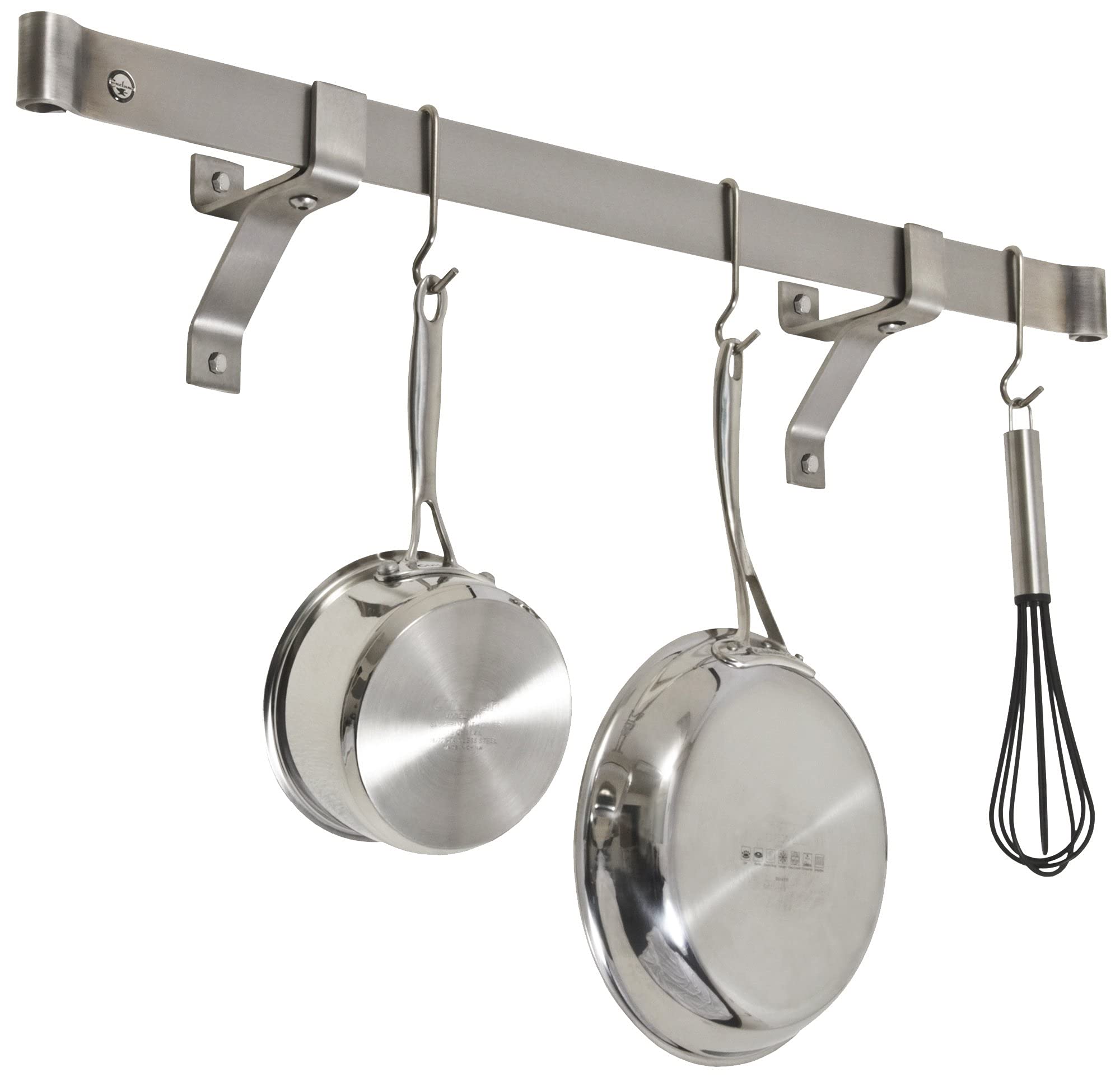 Enclume Premier 36-Inch Stainless Steel Rolled End Bar - Wall or Ceiling Mount Pot Rack with Wall Brackets & Captain Hooks - Perfect for Kitchen Organization & Space Saving Storage