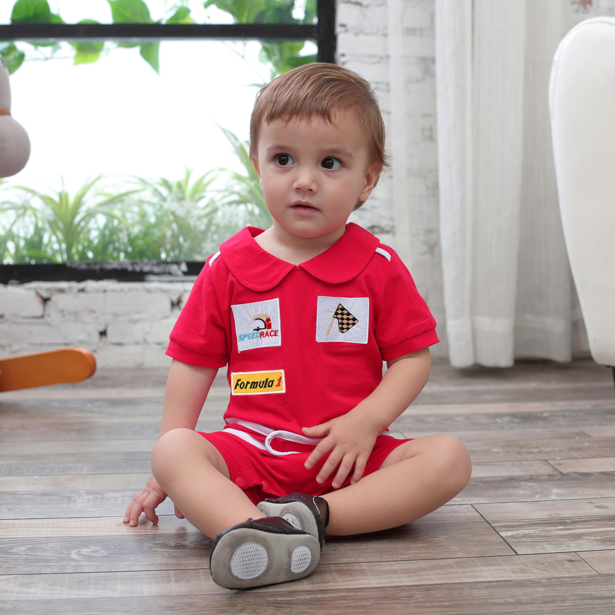 stylesilove Baby Boy Short Sleeve Cotton Romper - Cute Racer Style Outfit for Infant Boys | Perfect for Halloween, Playdates & Photo Shoots