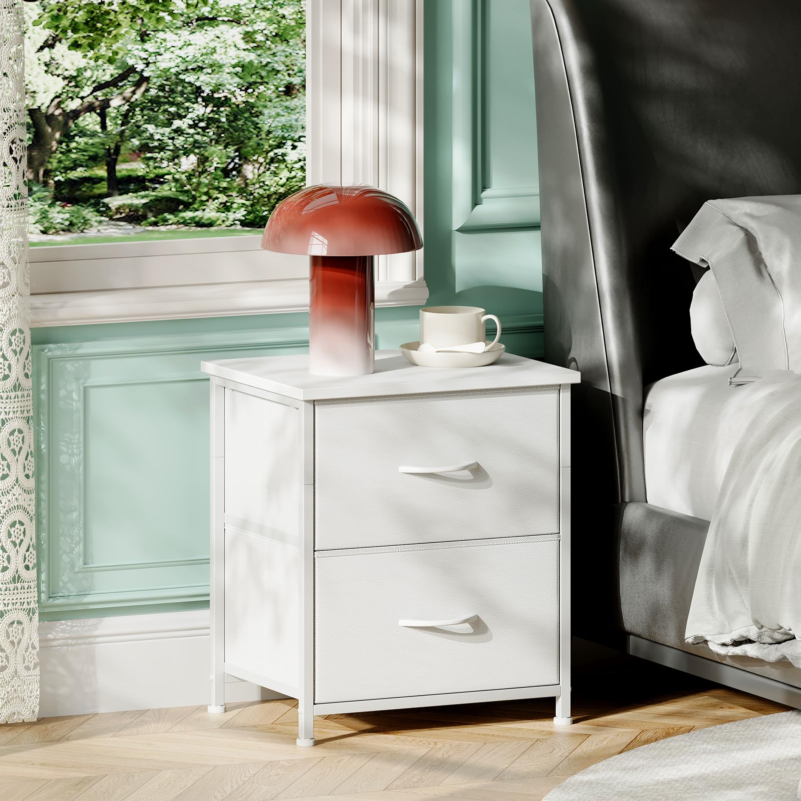 White Nightstand with 2 Drawers & Fabric Bins - Small Dresser for Bedroom, Bedside Table, End Table - Perfect for Kids Room, Closet, Dorm & Guest Room (White Leather) - Ideal for Bedroom Storage & Organization