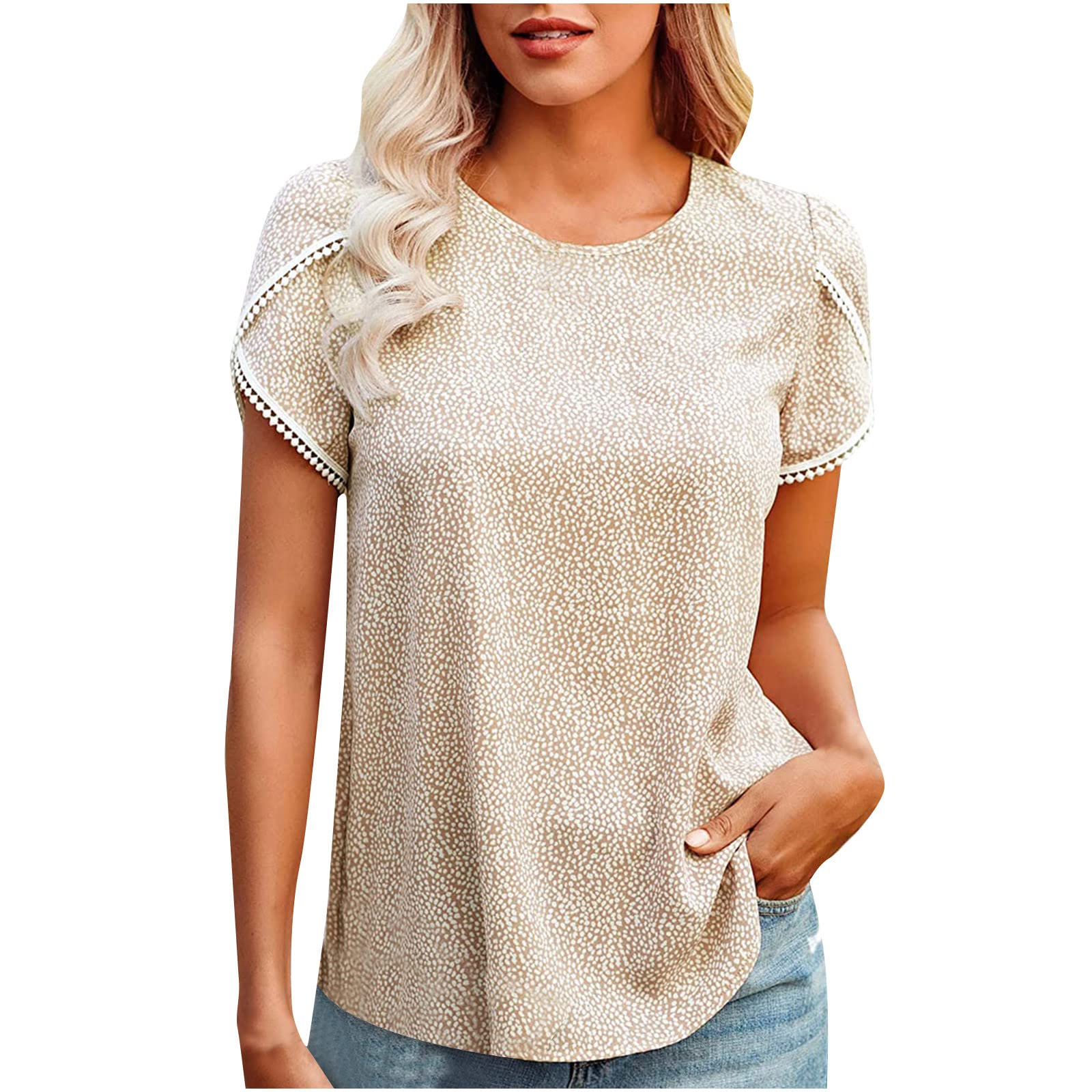 Women's Lace Trim Polka Dot T-Shirt - Casual Crewneck Blouse for Outings