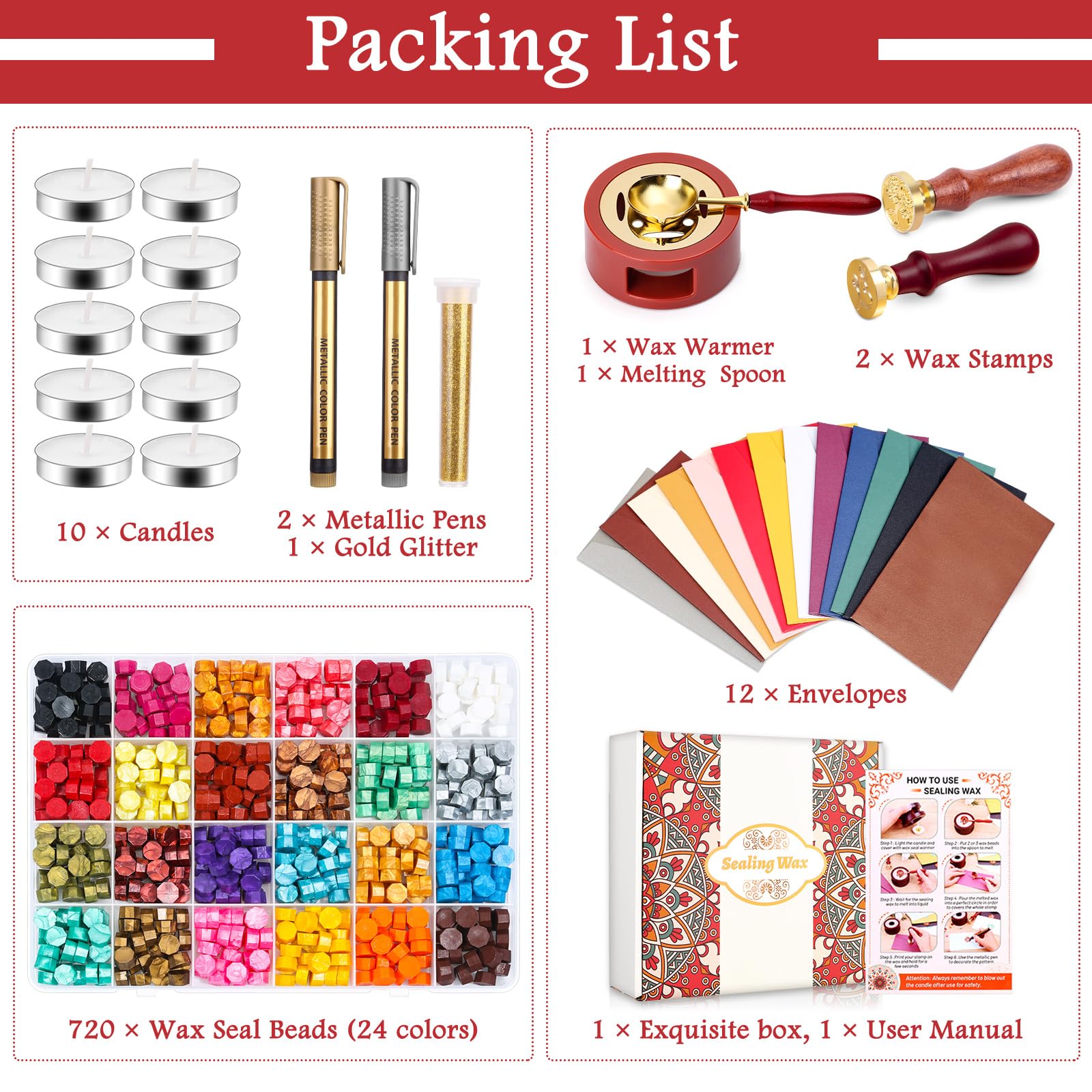 Premium Wax Seal Kit - 50 Wax Seal Beads, Custom Stamp, Electric Warmer, Wax Spoon & 10 Envelopes for Wedding Invitations, Diplomas & Vintage Letter Sealing - Elegant Gift Set for Calligraphy Lovers