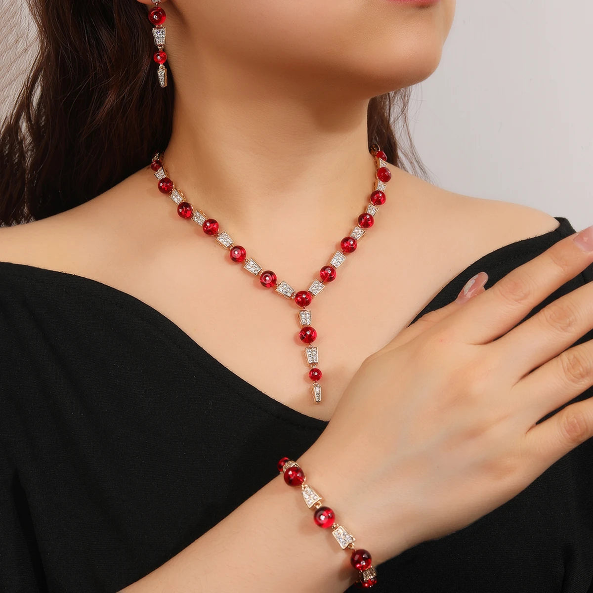 3 PCS Cubic Zirconia Imitation Chalcedony Jewelry Set for Women - Necklace, Earrings & Bracelet | Elegant Party Jewelry & Costume Accessories | Perfect for Weddings, Prom & Evening Events