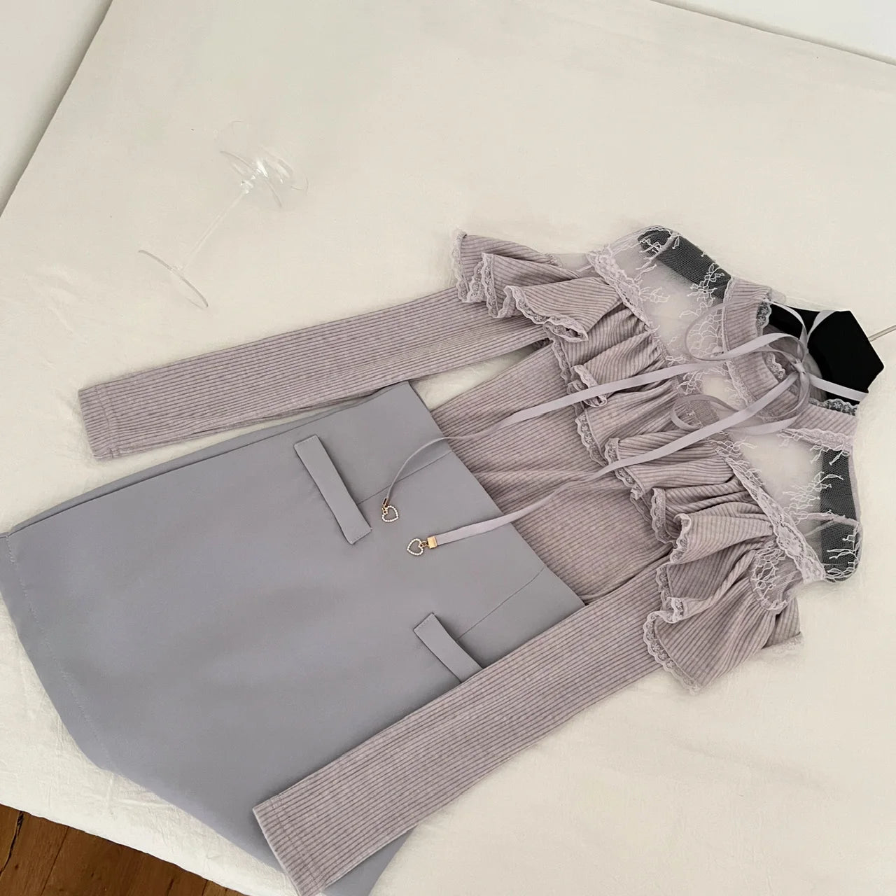 Elegant Women's Grey Patchwork Lace Ruffle Edge Long Sleeve Knit Top & High Waist Slim Short Skirt 2-Piece Set for Fall Winter Fashion | Office Wear & Date Night Outfits