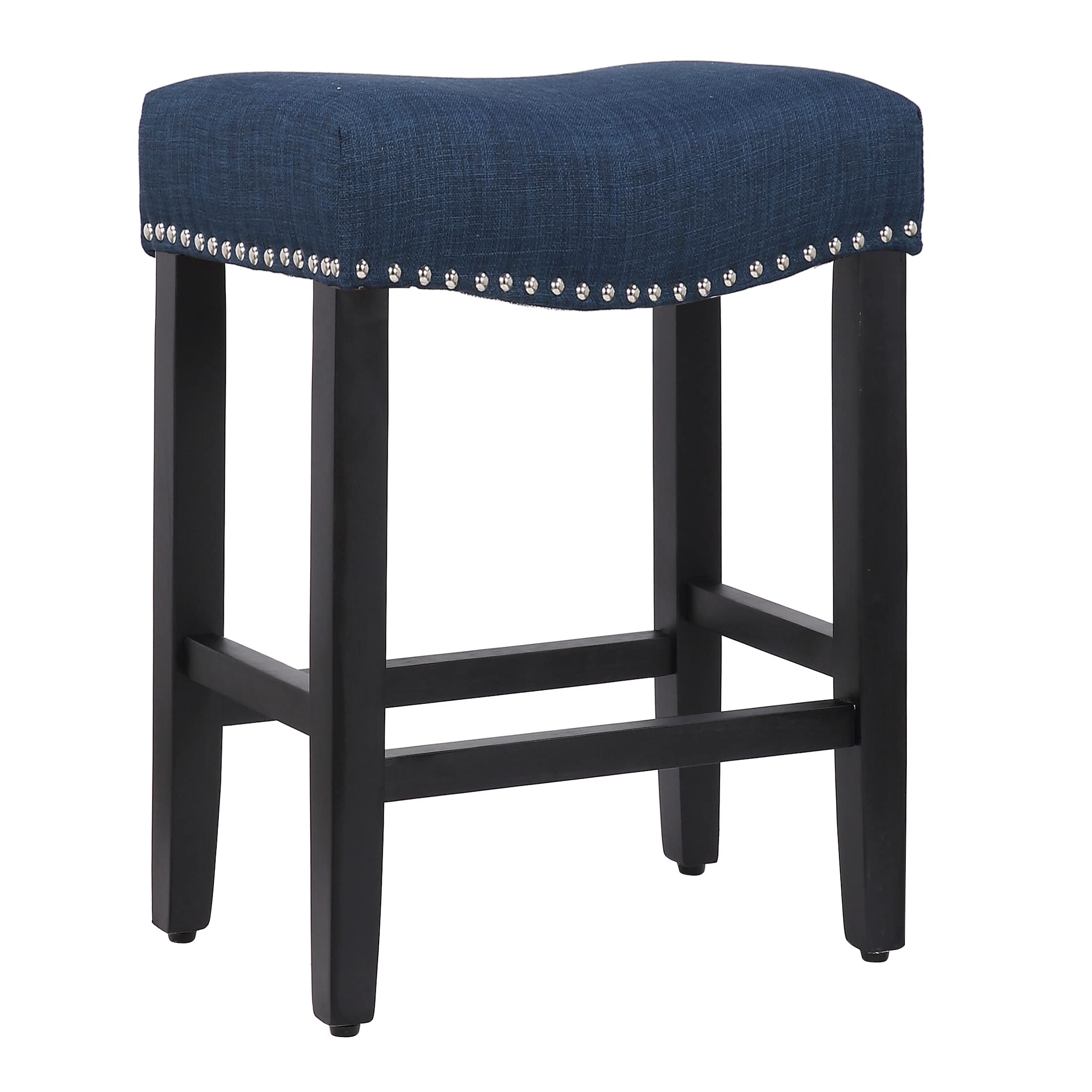 Modern Farmhouse Black Bar Stools Set of 2 - 24 Inch Counter Height Wooden Saddle Stools with Linen Upholstered Cushion & Solid Wood Legs - Navy Blue Kitchen Bar Stools for Home, Restaurant, or Cafe Decor