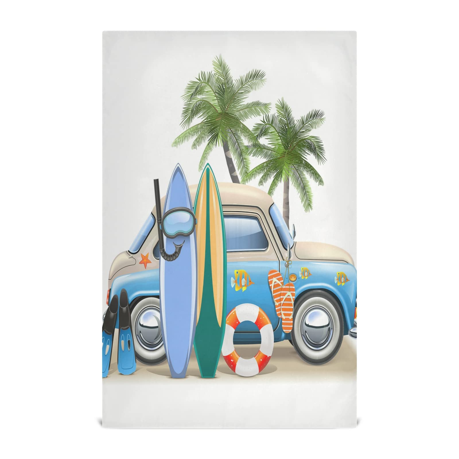 Summer Surfing Hamper Cat Van Surfboard Palm Trees Set of 1 Polyester Kitchen Dish Towel - Waffle Weave Dishcloths, Hemmed Napkins & Hand Bar Tea Towels with Hanging Loop - Perfect for Beach Picnics, Kitchen Decor & Coastal-Themed Parties