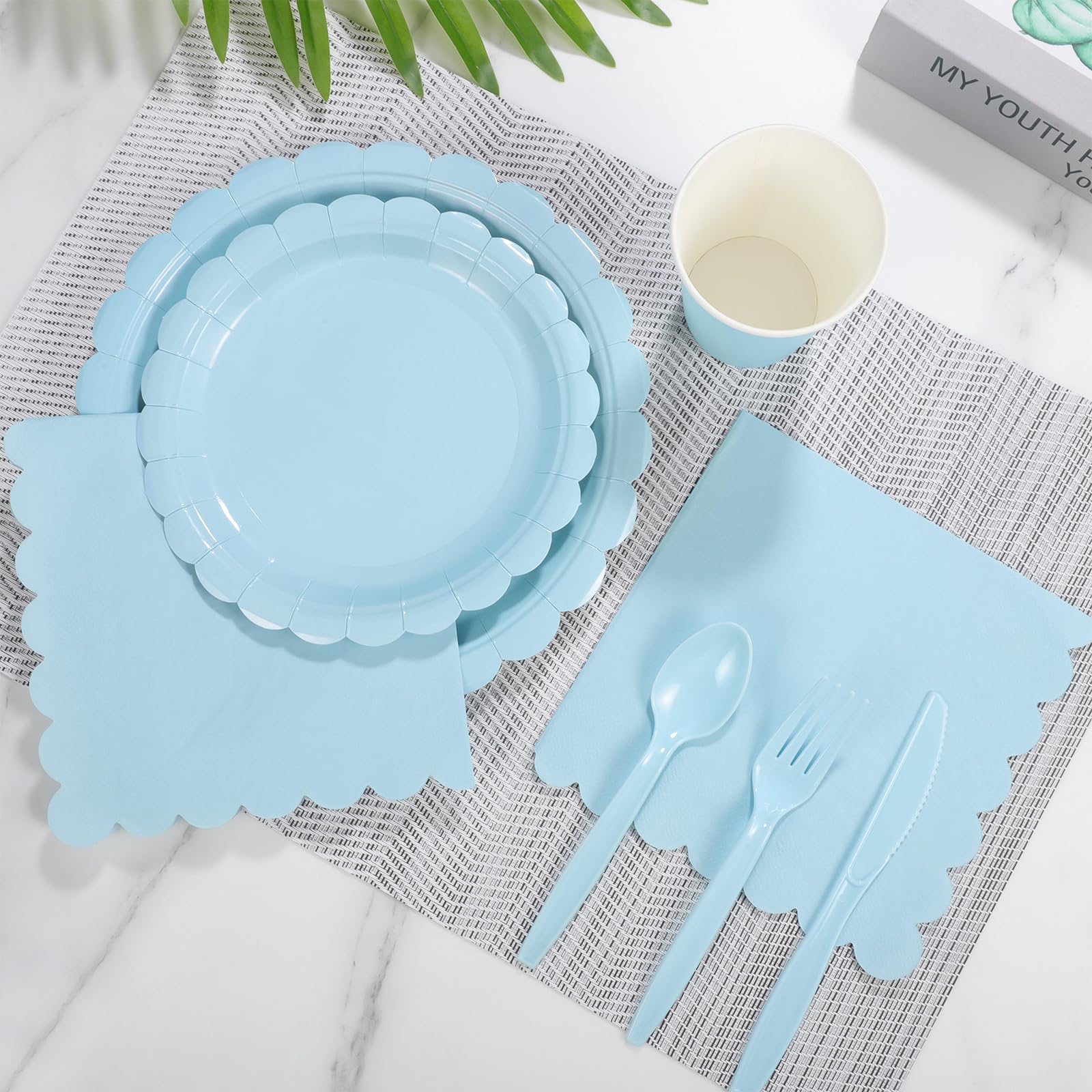 175 Pcs Light Blue Paper Plates & Napkins Set - Easter Party Supplies with Scalloped Plates, Napkins, Cups, Plastic Cutlery (Forks, Spoons, Knives) for Baby Shower, Wedding, Birthday - Perfect for Spring Celebrations, Bridal Showers & Outdoor Events