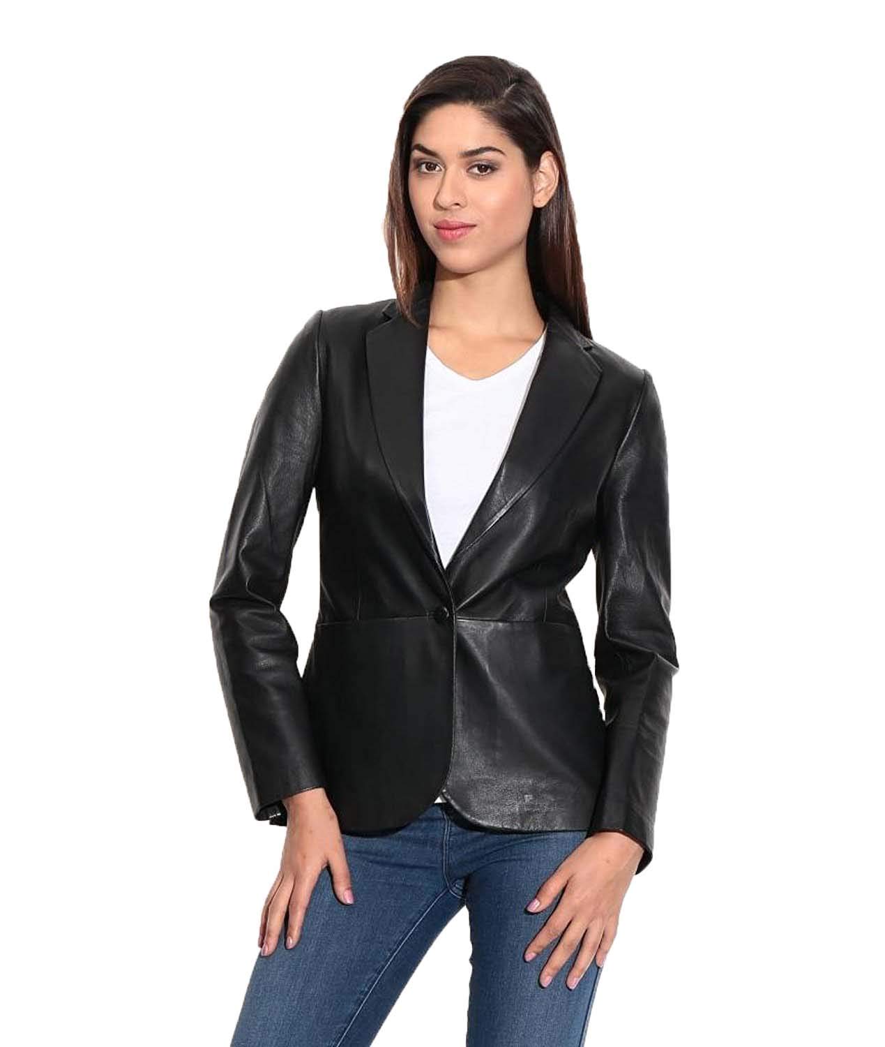 Genuine Lambskin Leather Black Women's Single Button Blazer - Slim Fit Office Suit Jacket with Full Sleeves for Business Professional & Formal Occasions