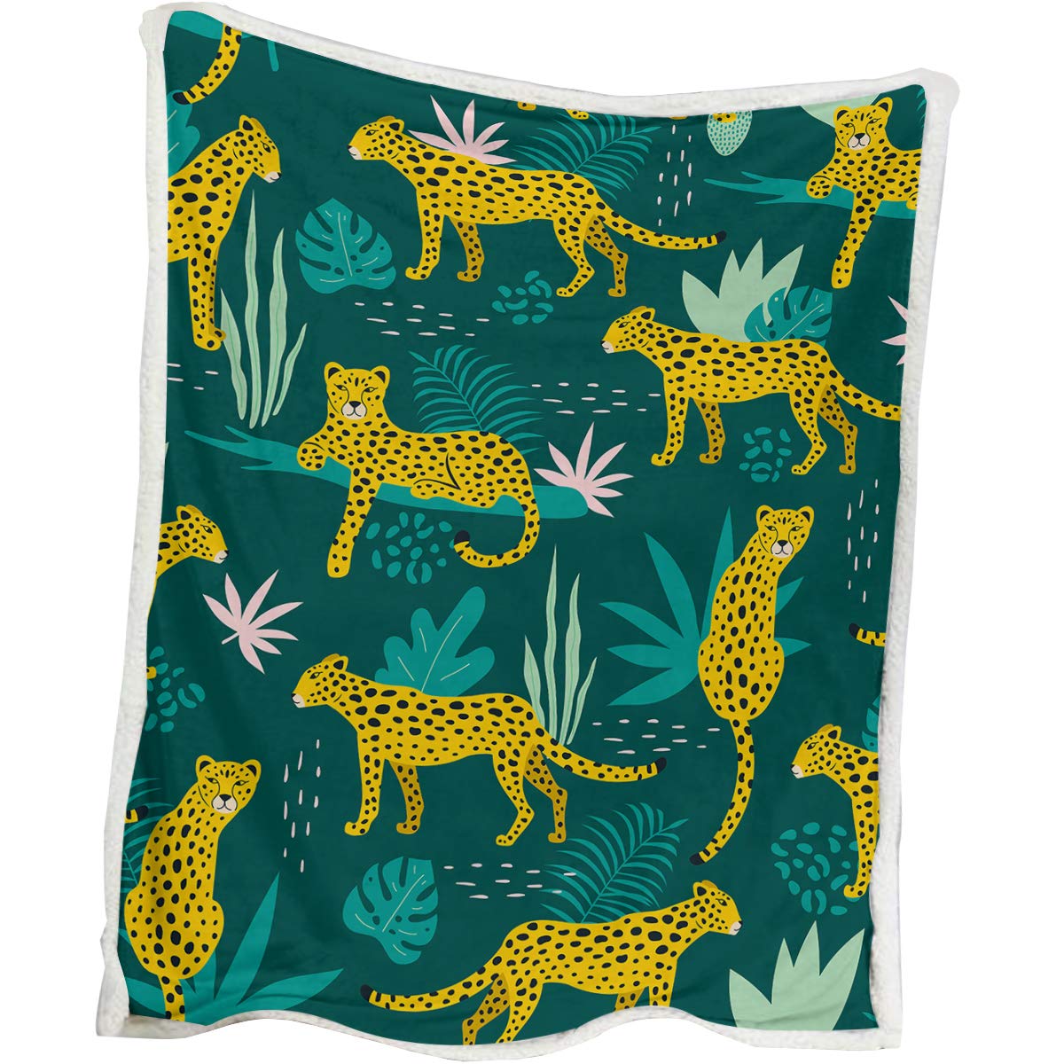 BlessLiving Leopard Print Soft Blanket - Green Tropical Palm Leaves Sherpa Plush Fleece Throw (50