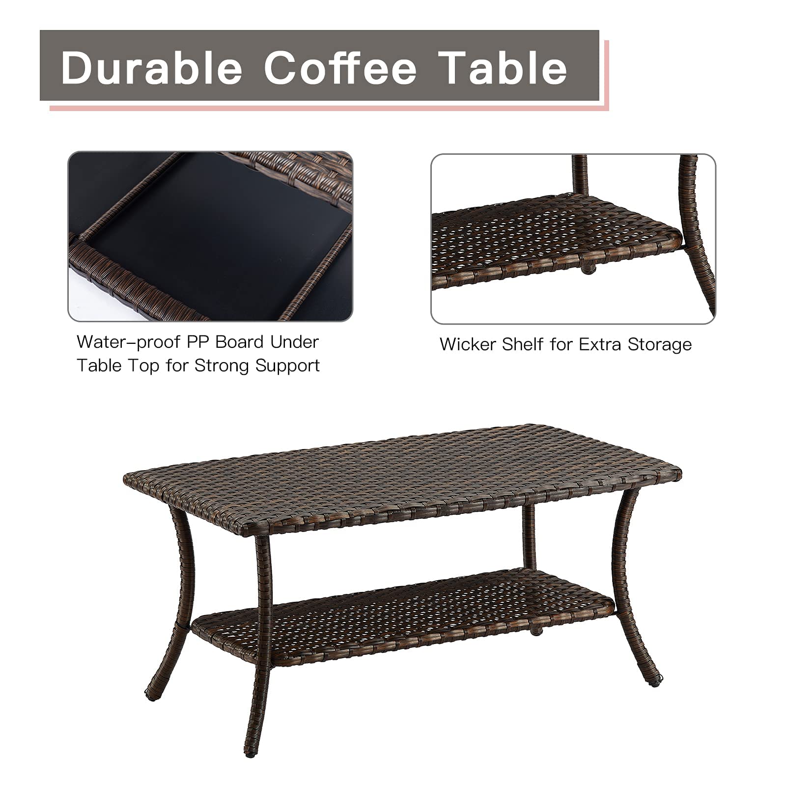 2-Tier Rattan Wicker Coffee Table with Storage Shelf - 42 x 19.5 x 23.5 Inches Brown Rectangular Patio Side Table - Perfect for Living Room, Balcony, and Outdoor Spaces